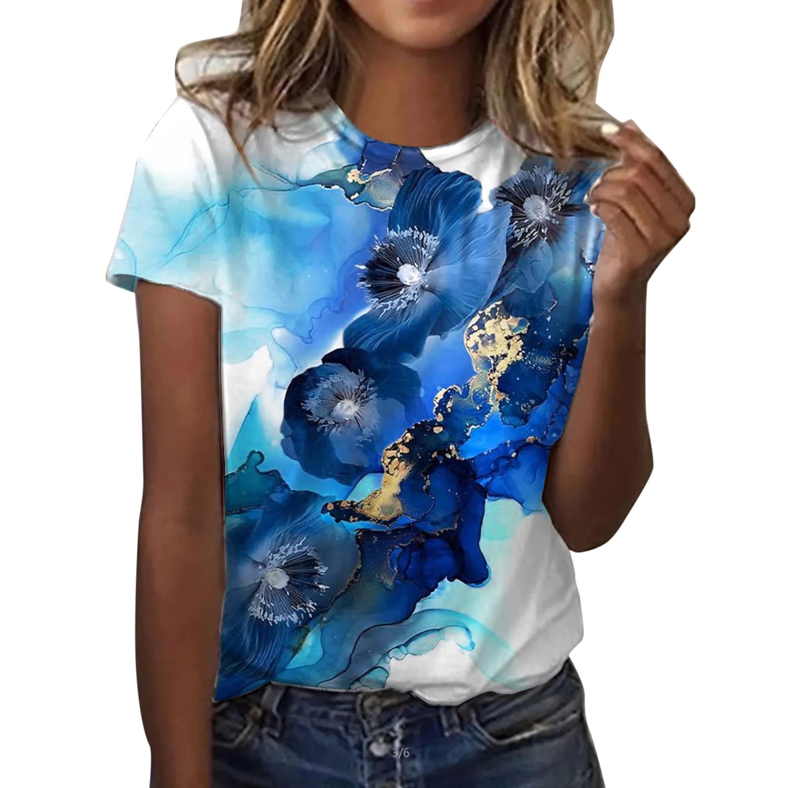 MAYW Women's Summer Watercolor Print O-Neck Tank Top - Short Sleeve Workout Shirt & White Casual Tee for Yoga, Running, and Everyday Wear