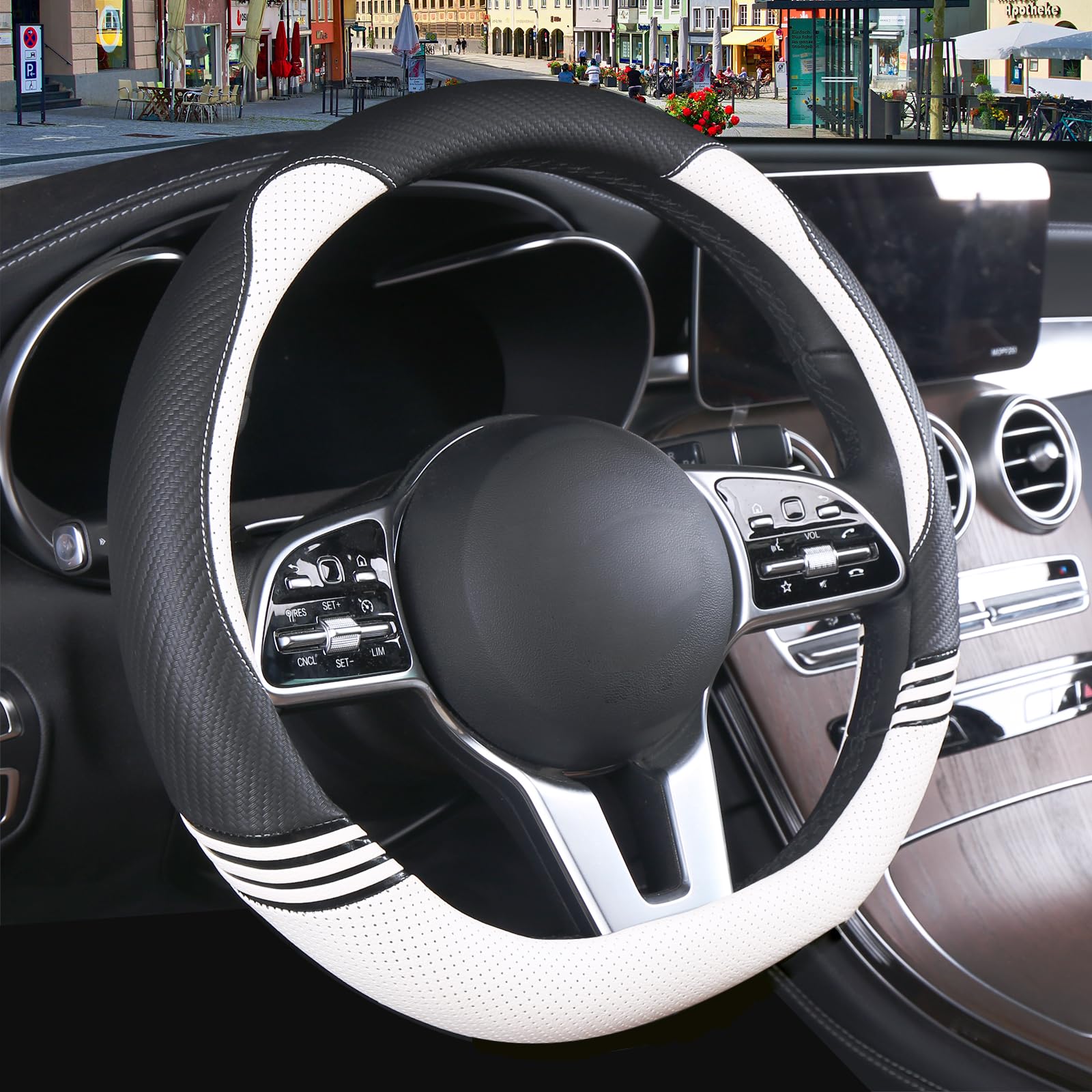 Breathable D-Shaped Steering Wheel Cover - Universal 15 Inch for Women & Men - Black & White Design - Perfect for Cars, Trucks & SUVs