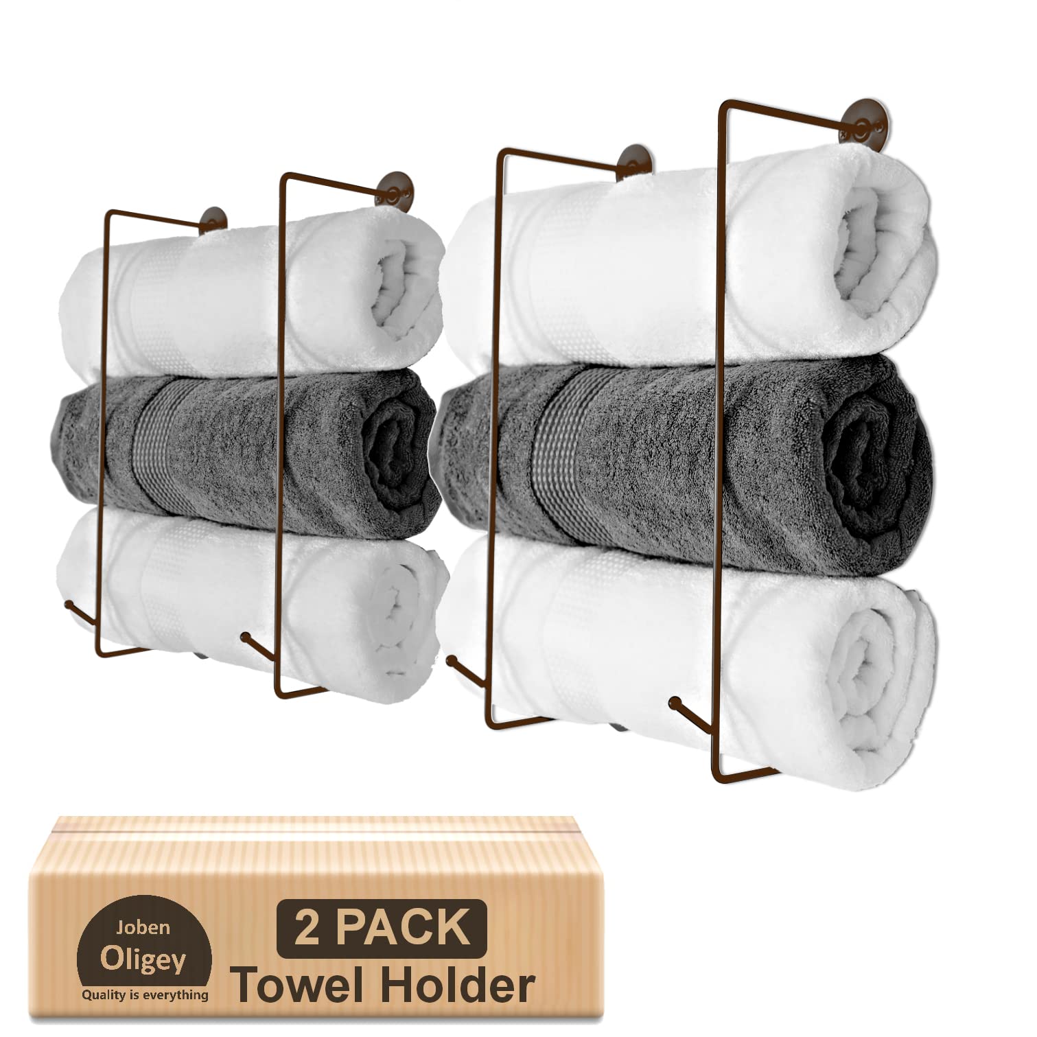2-Pack Wall Mounted Metal Towel Rack with Hooks - Minimalist Bathroom Storage Organizer for Towels, Washcloths, Linens & Yoga Mats - Perfect for Bathroom, Spa, Salon, Gym & Home Decor (Brown)