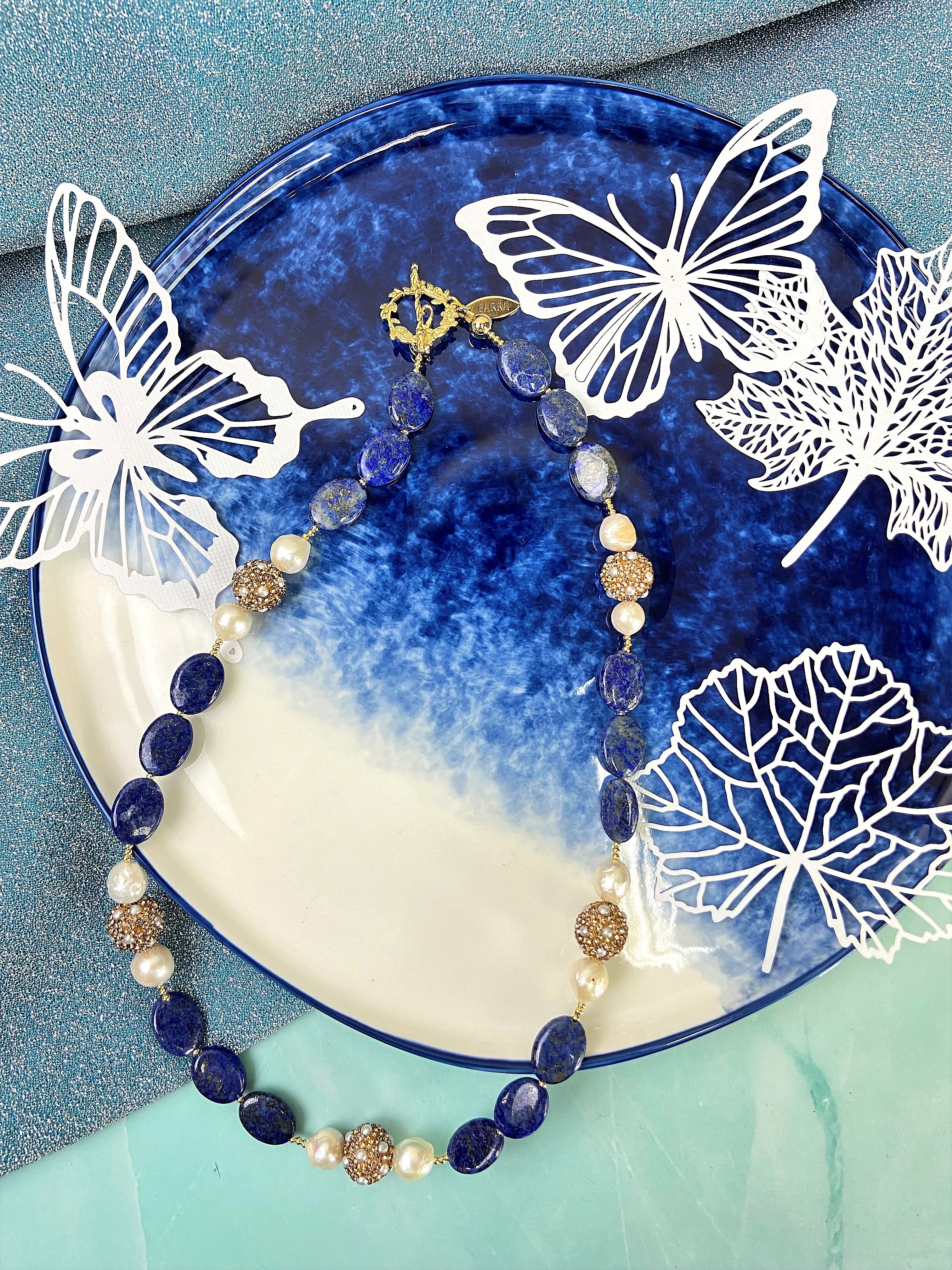 Elegant Lapis Lazuli & Freshwater Pearl Necklace with Rhinestone Accents GN017 - Perfect for Weddings, Parties & Special Occasions