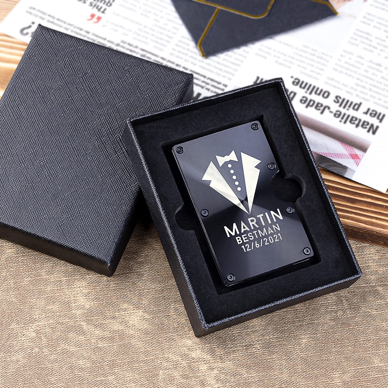 Custom Engraved Groomsmen Wallets Set - Personalized Metal Money Clip & Credit Card Holder - Best Man Wedding Gift Ideas - Black Aluminum Wallets for Groomsmen, Best Man, Ushers - Perfect for Wedding Parties, Bachelor Gifts & Anniversary Presents