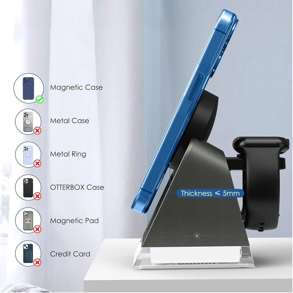 PowerTrio Plus 3-in-1 Magnetic Wireless Charging Station for iPhone 14/13/12 - Fast Charging Stand for iPhone, AirPods & Apple Watch - Perfect for Home, Office & Nightstand Use