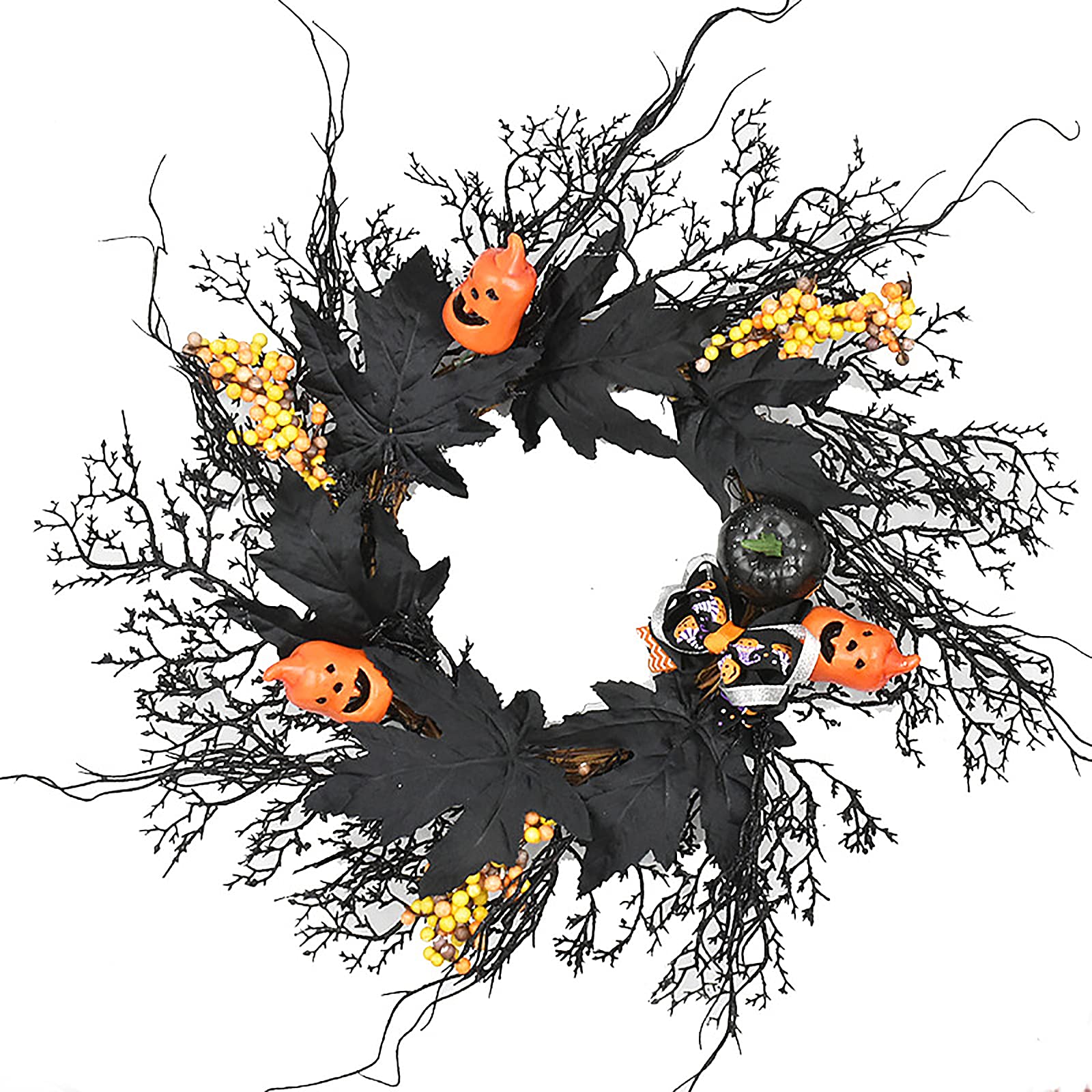 Spooky Halloween Wreath with Ghost & Pumpkin Decor - Black Maple Leaf Rattan Circle Wreath for Front Door, Halloween Party & Fall Decorations | Perfect for Front Porch, Mantel & Indoor Halloween Decor