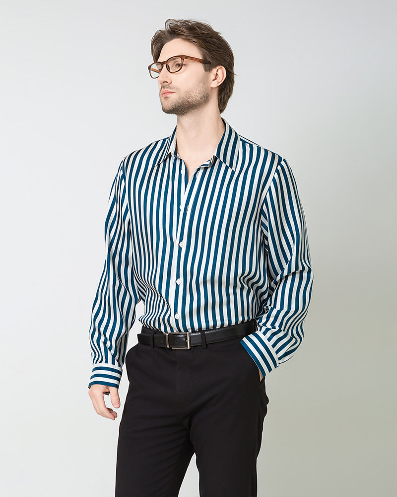 Premium Men's Silk Striped Shirt - Breathable & Comfortable Button Down Shirt for Business Casual, Office Wear & Special Occasions