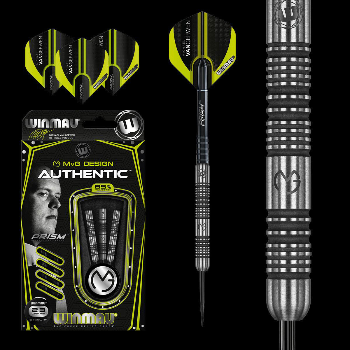 WINMAU Michael van Gerwen MVG Authentic Professional Darts Set - 85% Tungsten Steel Tip Darts - 24g Weight - Perfect for Tournaments, Practice & Home Game Rooms