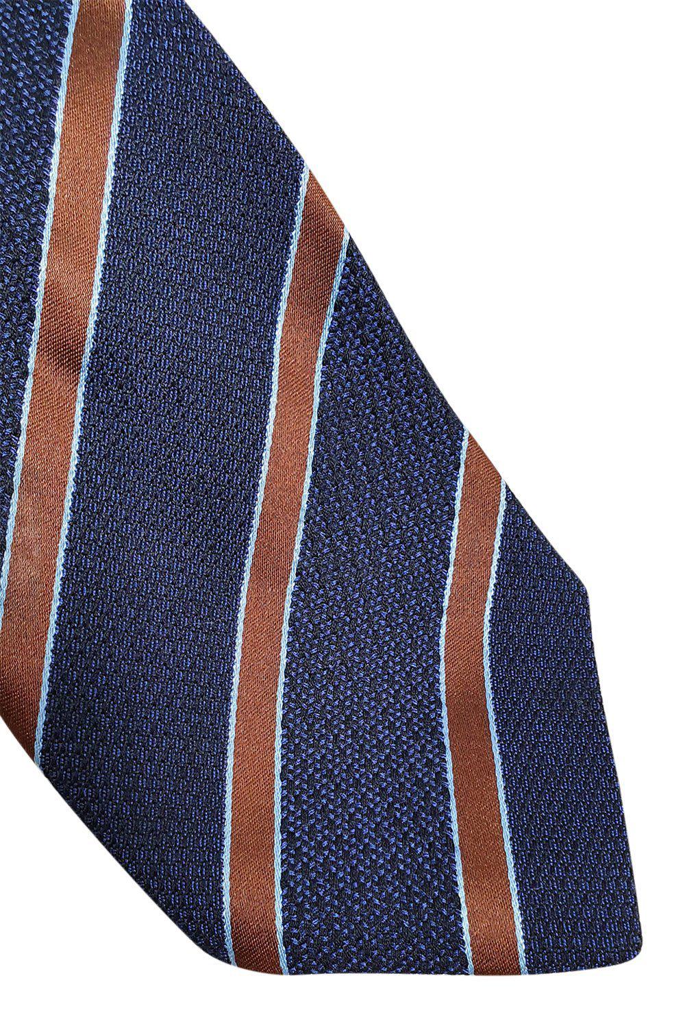 LOEWE 100% Silk Men's Necktie - Dark Blue with Bronze & Light Blue Stripes Pattern (60