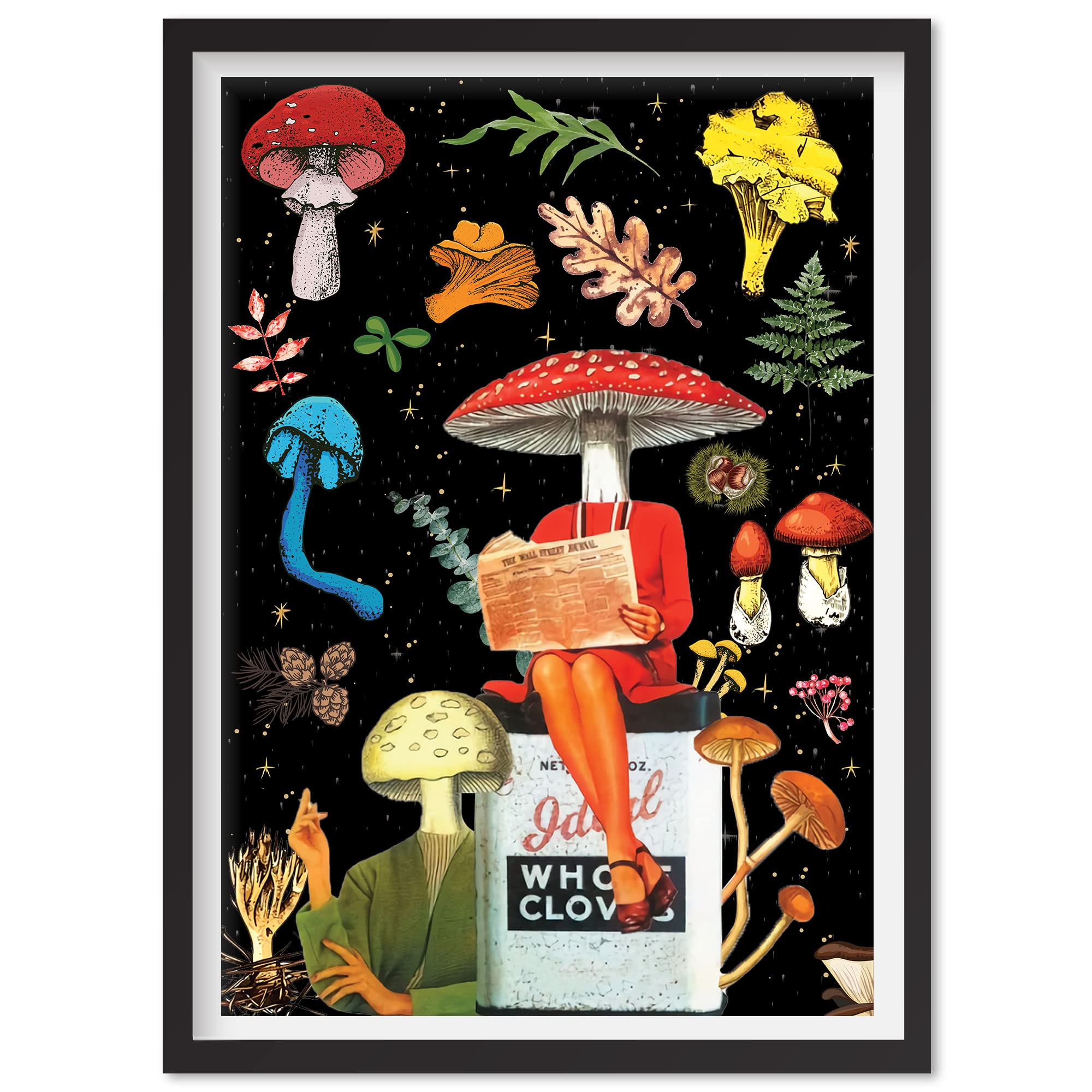 Black Canvas Mushroom Wall Art - Aesthetic Mushroom Decor for Kitchen, Living Room & Bedroom | Boho Home Decor, Cottagecore Wall Hanging, Fungi Themed Gift for Plant Lovers