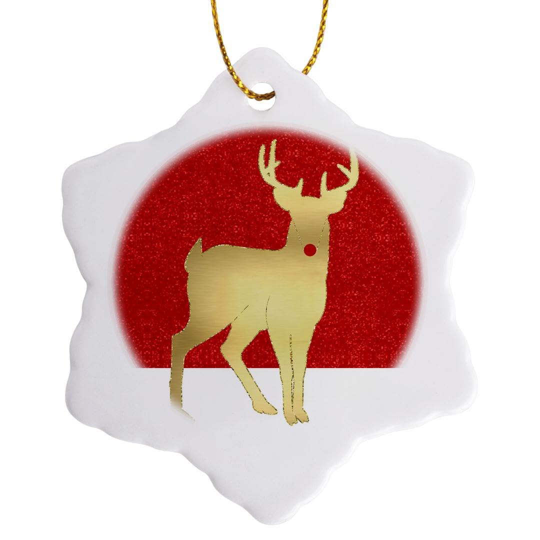 3D Christmas Ornament - 3-Inch Porcelain Red Nosed Reindeer with Gold & Red Snowflake Design | Holiday Tree Decor for Xmas, Winter Home Decor, Gift Idea