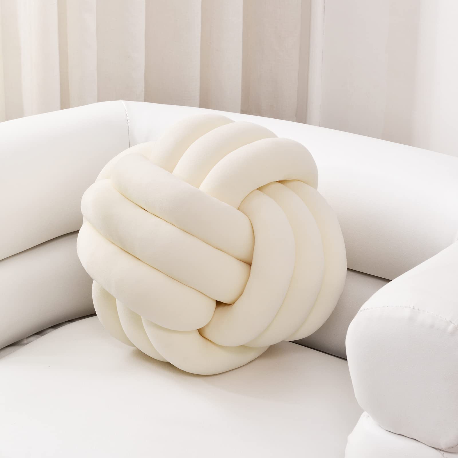 Soft Knot Ball Pillows - Handmade Round Plush Throw Cushion for Home Decor (7.8 Inches, Ivory) | Cozy Living Room Accent, Bedroom Decor & Boho Chic Gift Idea