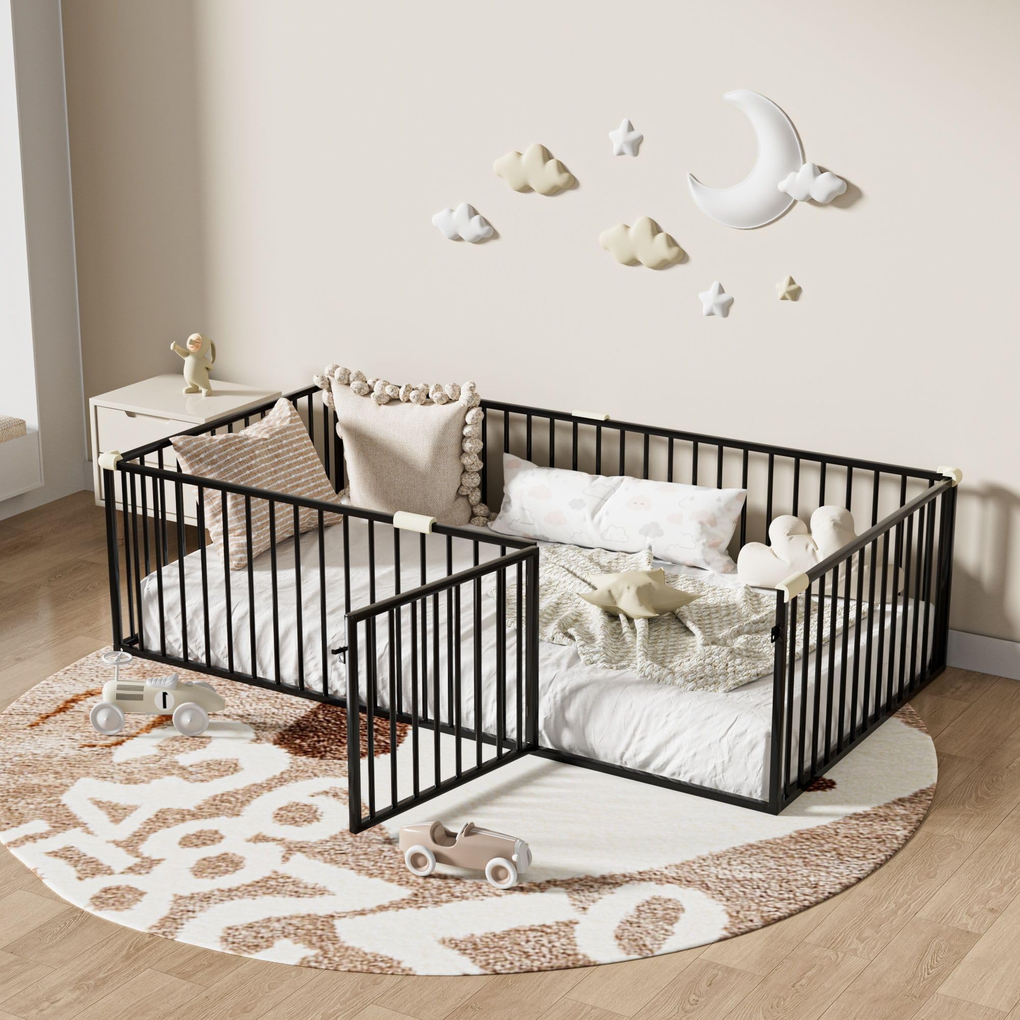 Montessori Twin Floor Bed for Kids - Sturdy Metal Bed Frame with Safety Guardrails & Door, Anti-Collision Cotton Padding for Boys and Girls - No Box Spring Needed - Black - Perfect for Toddler Rooms, Daycare Centers & Montessori Classrooms