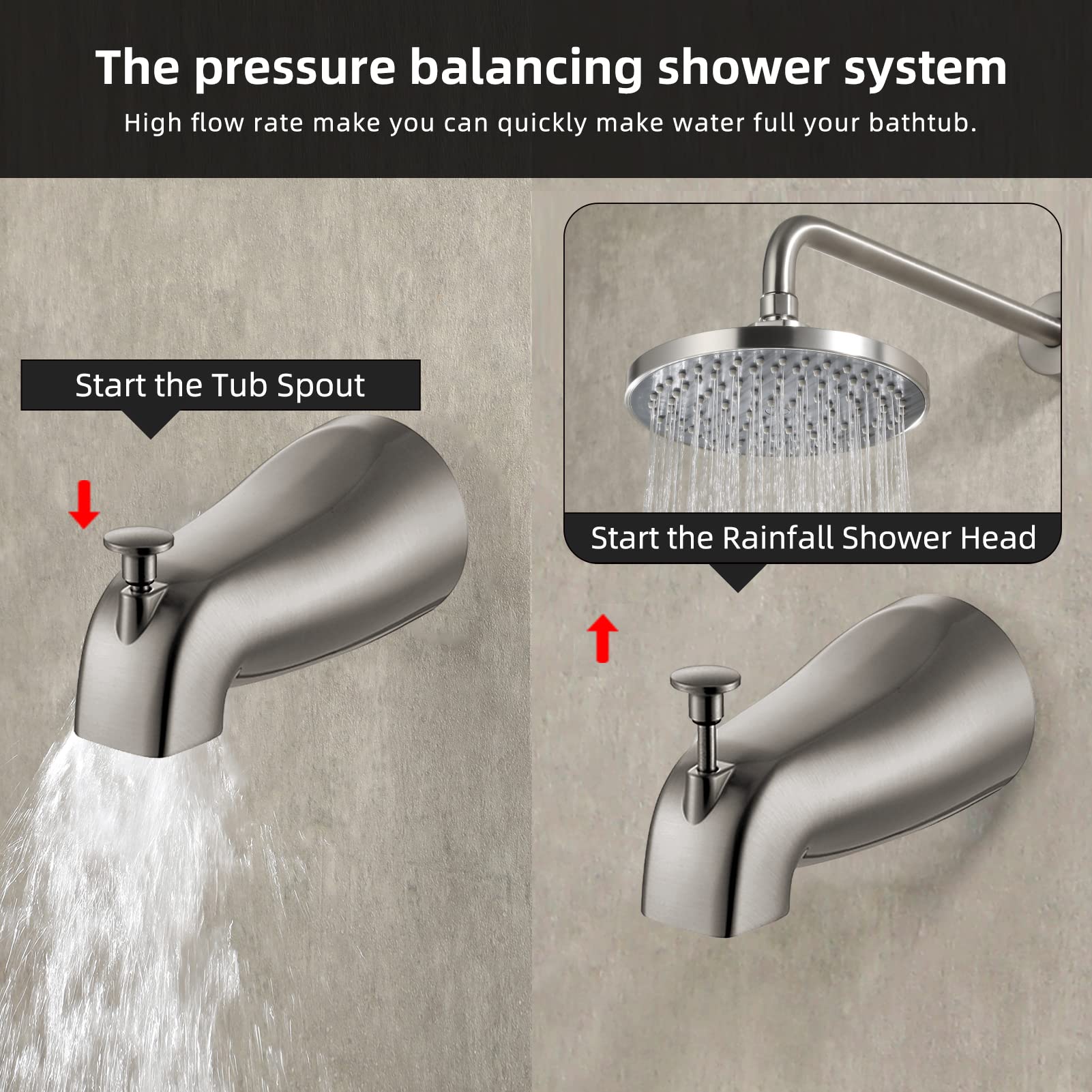 NEWATER Brushed Nickel Shower Faucet Set with 8-Inch Rainfall Shower Head & Tub Spout - Single Handle Pressure Balancing Valve Included - Wall Mounted Shower Tub Combo Kit for Bathroom Remodeling & Modern Home Upgrade