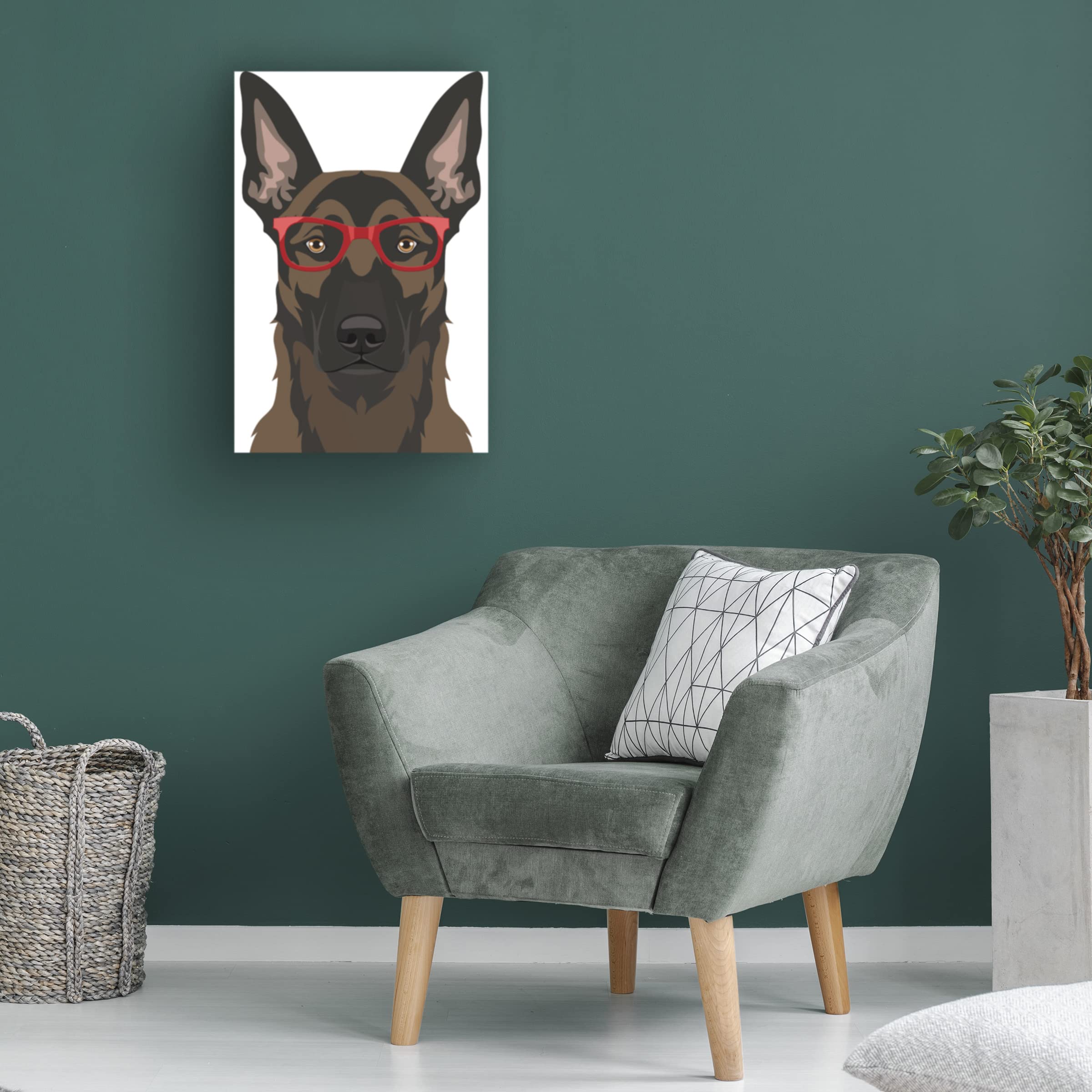 Belgian Malinois Wearing Hipster Glasses Canvas Wall Art - Premium Dog Portrait Painting for Pet Lovers - Perfect for Living Room, Bedroom & Office Decor