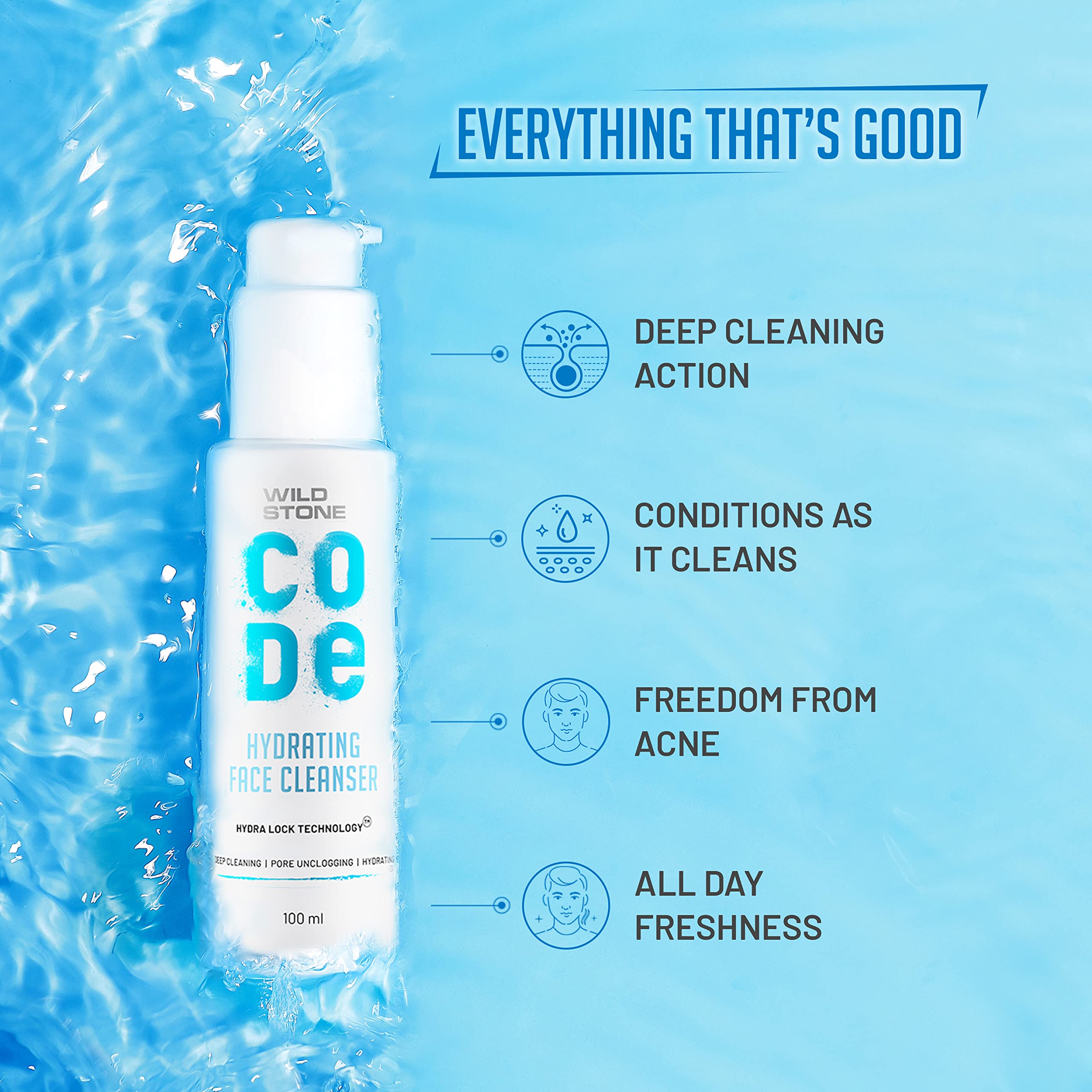 Wild Stone Code Hydrating Face Cleanser for Men - Anti Acne & Oil Control Foaming Wash | Gentle Deep Pore Cleanser for Dry to Oily Skin | 100ml | Daily Skincare Routine & Post-Workout Refresh