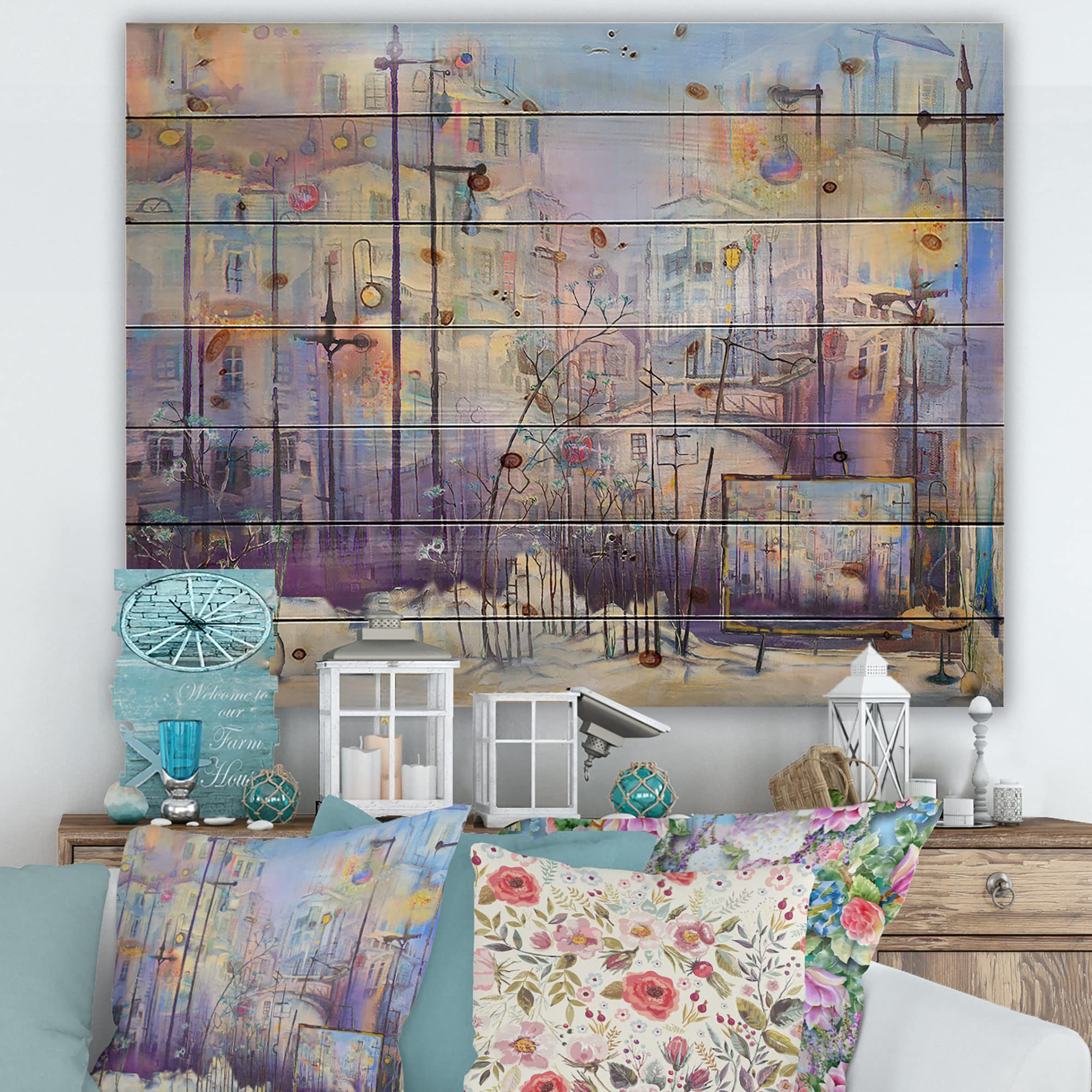Abstract Pastel Cityscape Modern & Contemporary Wood Wall Art - Purple Landscape Wood Panel Decor Printed on Natural Pine - Perfect for Living Room, Bedroom & Office Wall Decor