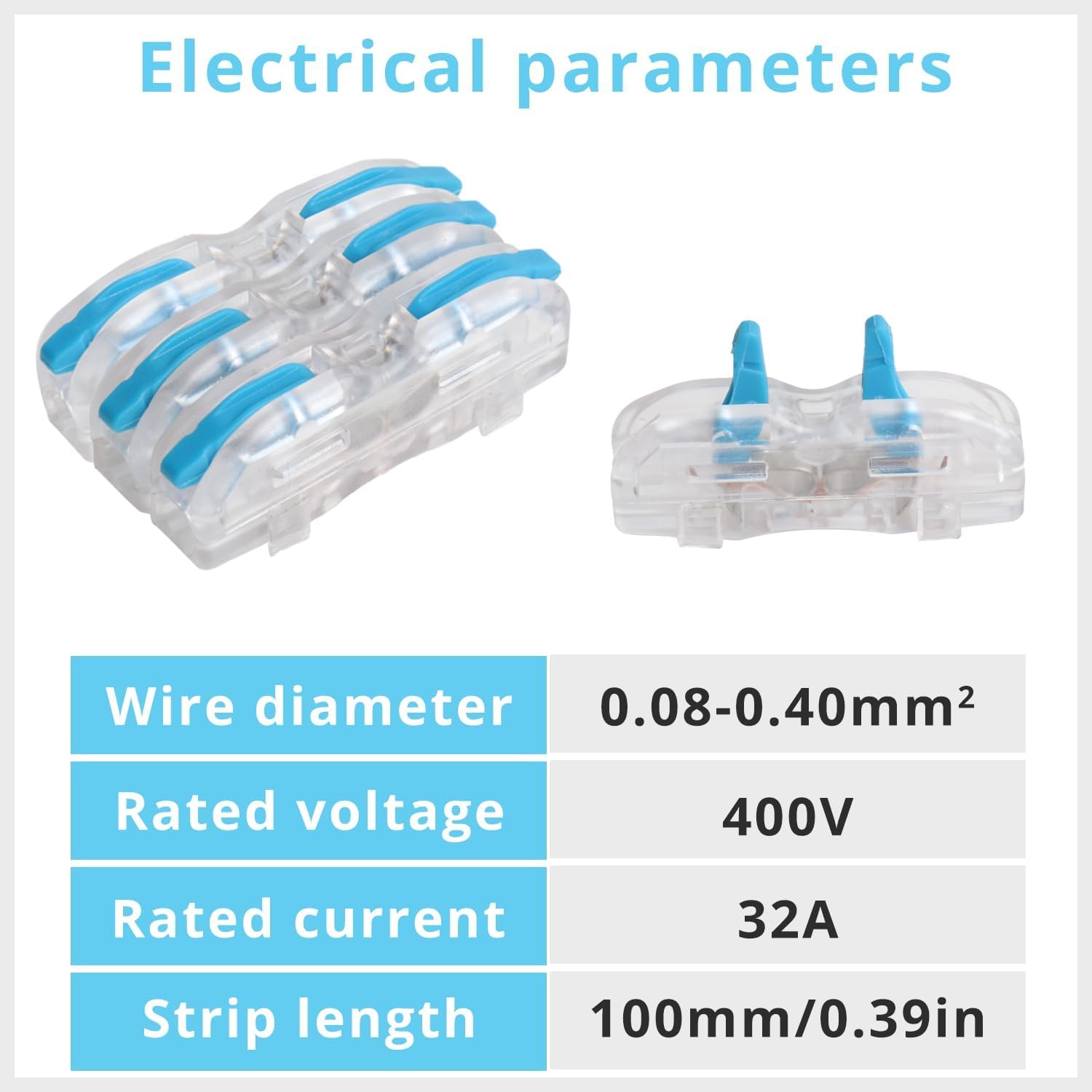 60-Pack Lever Nut Wire Connectors - Quick Connect Electrical Terminals with Transparent White Body & Blue Handle for Secure Wiring - Ideal for Home DIY, Electrical Projects, and Professional Installations
