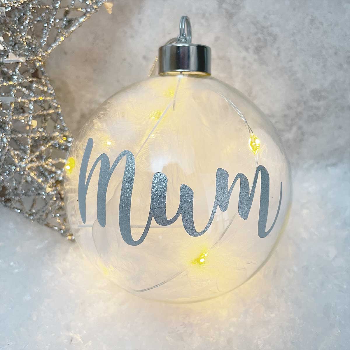 Personalized White Feather Filled Large LED Glass Christmas Ornament - Perfect for Holiday Tree Decor, Gift Giving & Festive Home Decoration