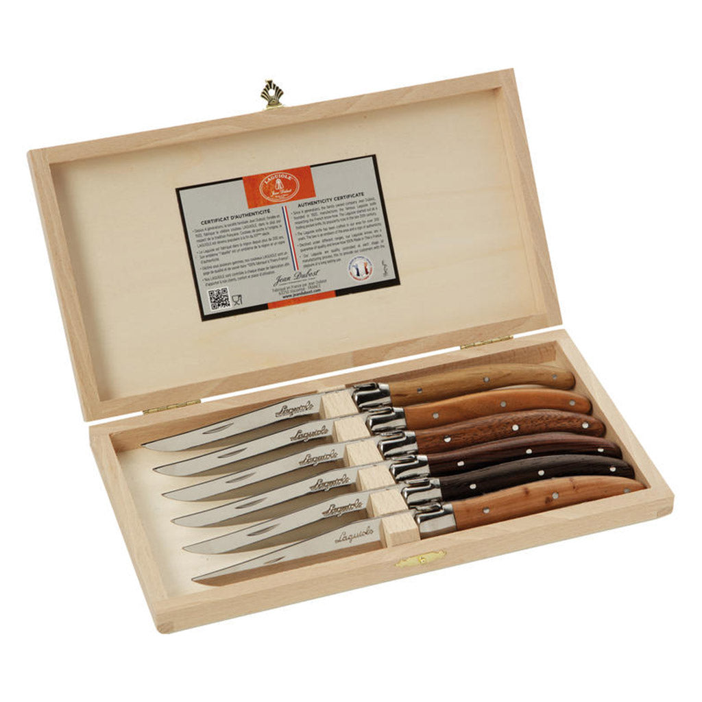 Premium Laguiole Jean Dubost DeLuxe 6-Piece Steak Knife Set with Assorted Wood Handles - Perfect for Fine Dining, Steakhouse Experience & Elegant Table Setting