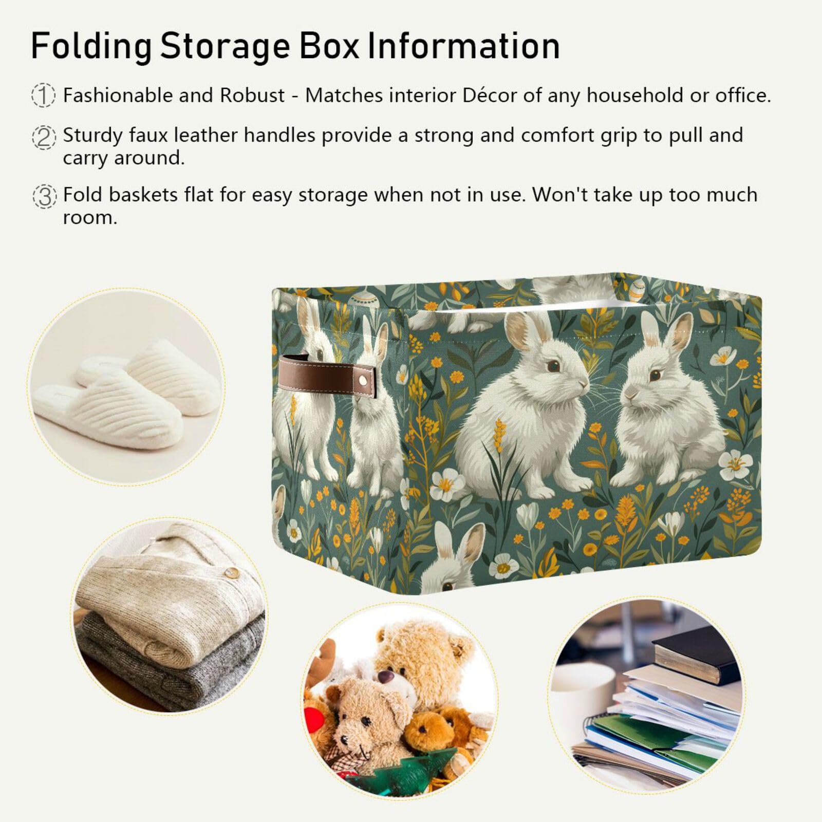 Senya Easter Storage Basket - Foldable Fabric Collapsible Storage Bin Organizer with Rabbit Wildflowers Design for Clothes, Toys & Home Organization | Perfect for Easter Decor, Nursery Storage & Seasonal Clutter Control