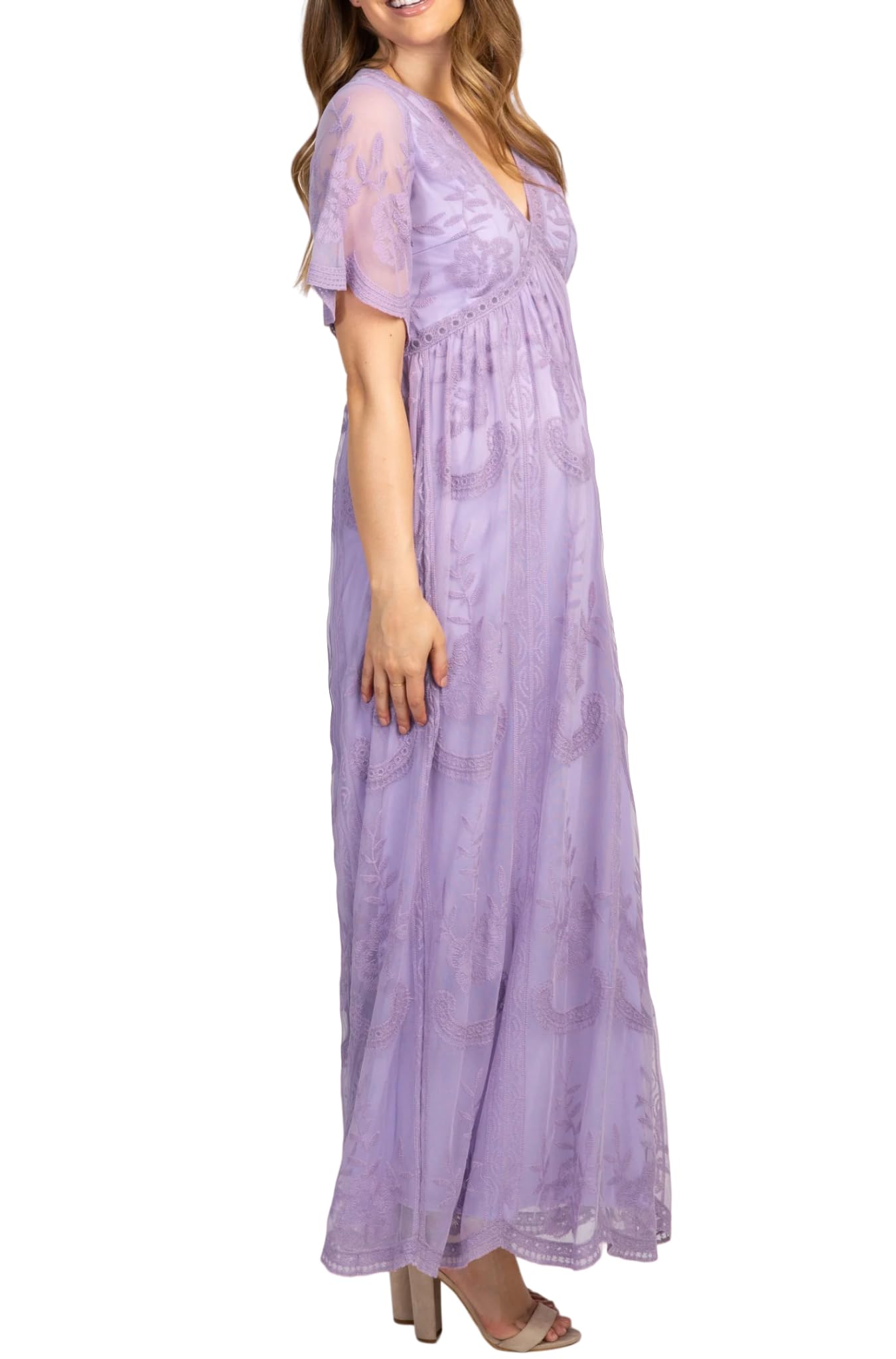 Elegant Embroidered Lace Maternity Dress for Women - V-Neck Long Maxi Gown for Baby Shower, Wedding & Photoshoot (Lavender) | Perfect for Maternity Photos, Bridal Events & Special Occasions