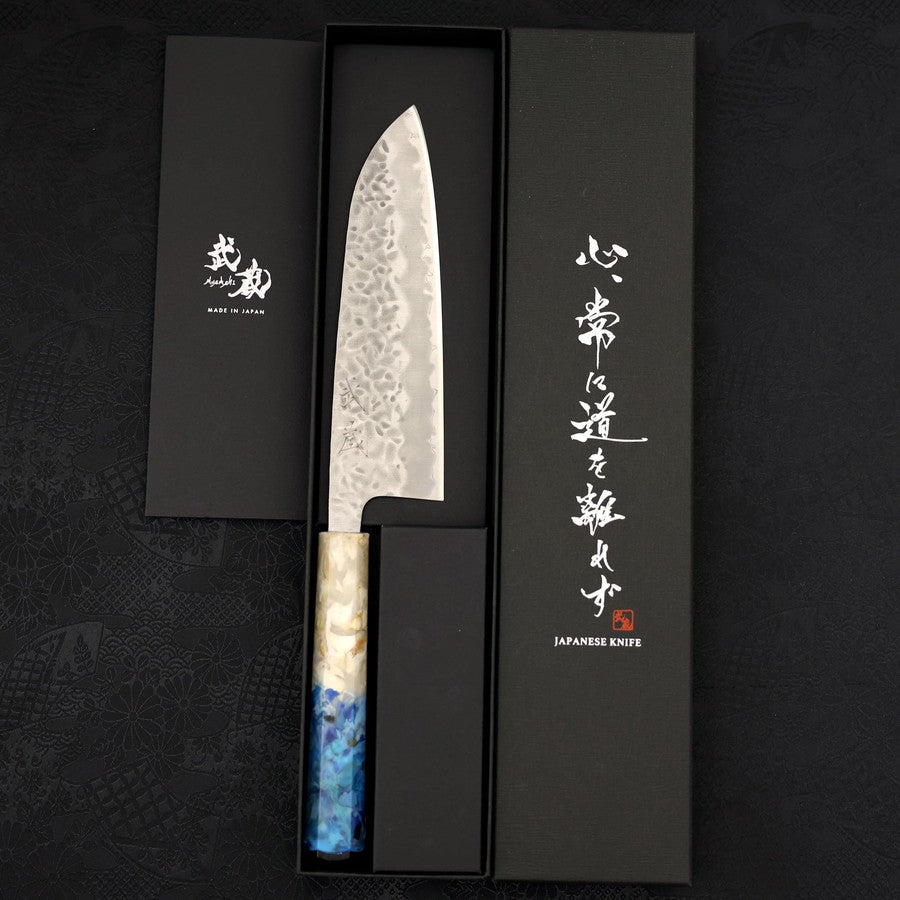 Premium Santoku Knife - White Steel #1 Stainless Clad with Tsuchime Finish & Ocean Blue Handle (165mm) - Perfect for Sushi, Vegetables, and Precision Kitchen Tasks