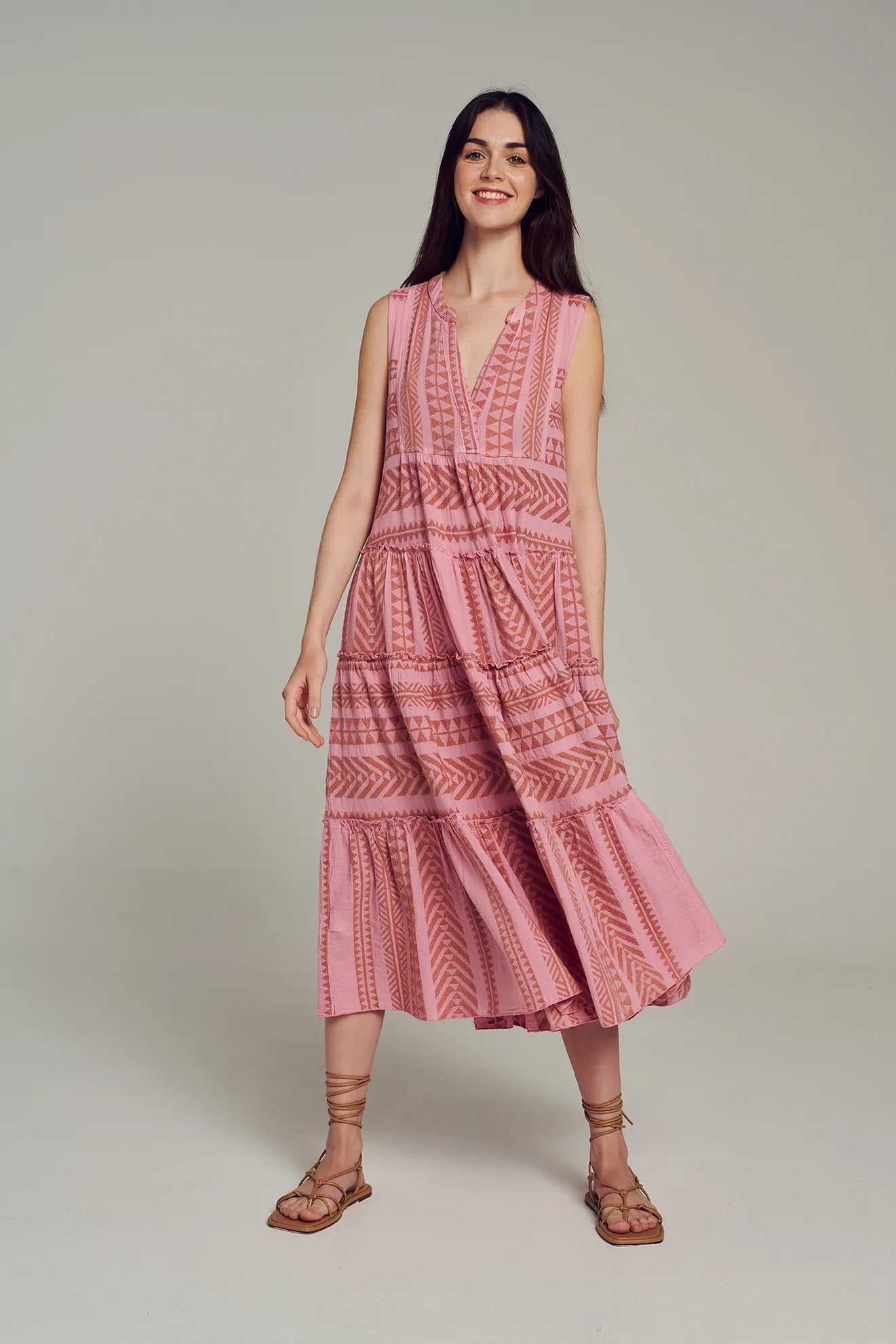 Ella Sleeveless Midi Dress in Camel & Purple/Pink - Perfect for Summer Weddings, Beach Vacations & Casual Outings
