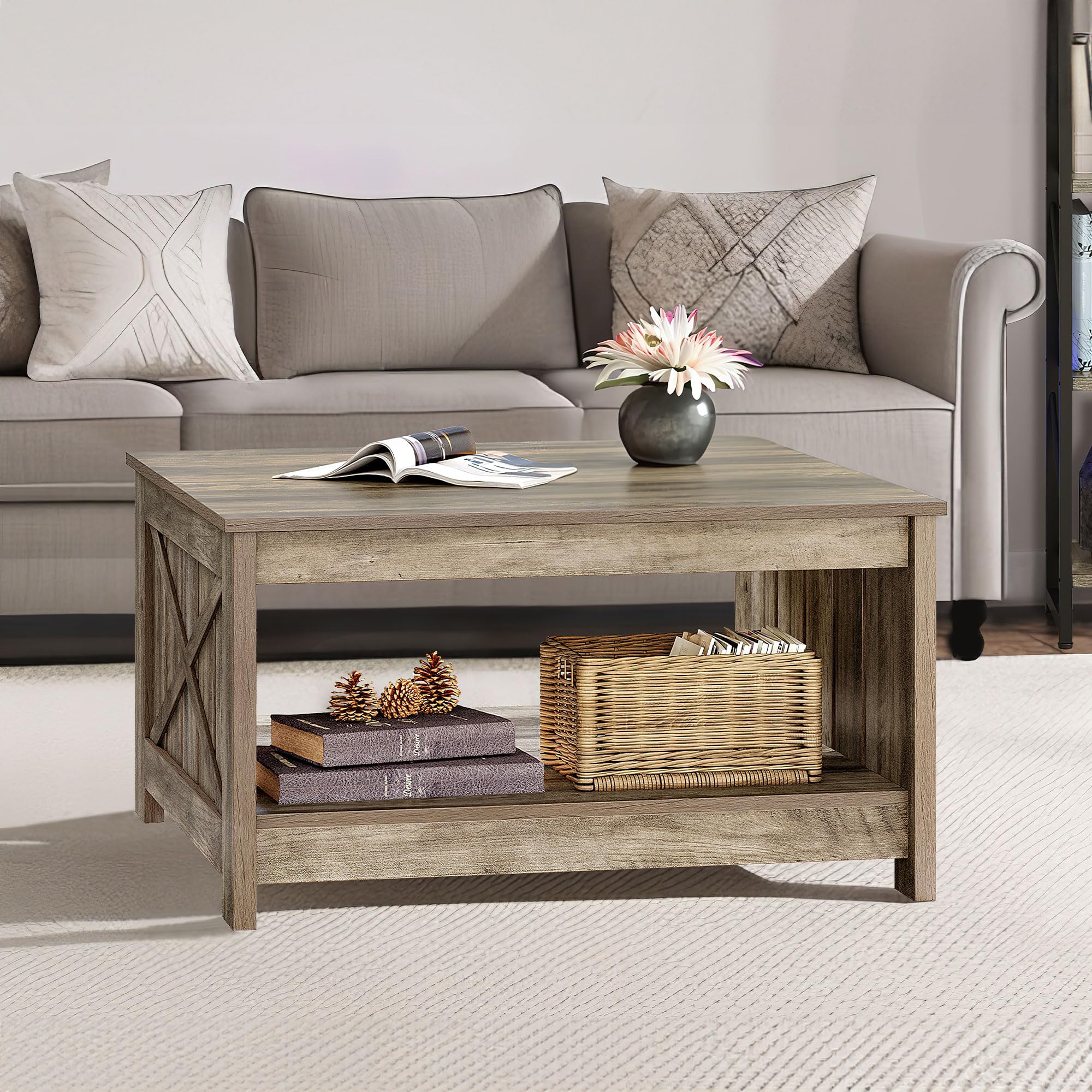 Farmhouse Square Coffee Table with 2-Tier Storage - Rustic Grey Wood Center Table for Living Room | Half Open Storage Compartment | Perfect for Small Spaces, Home Decor & Cozy Gatherings