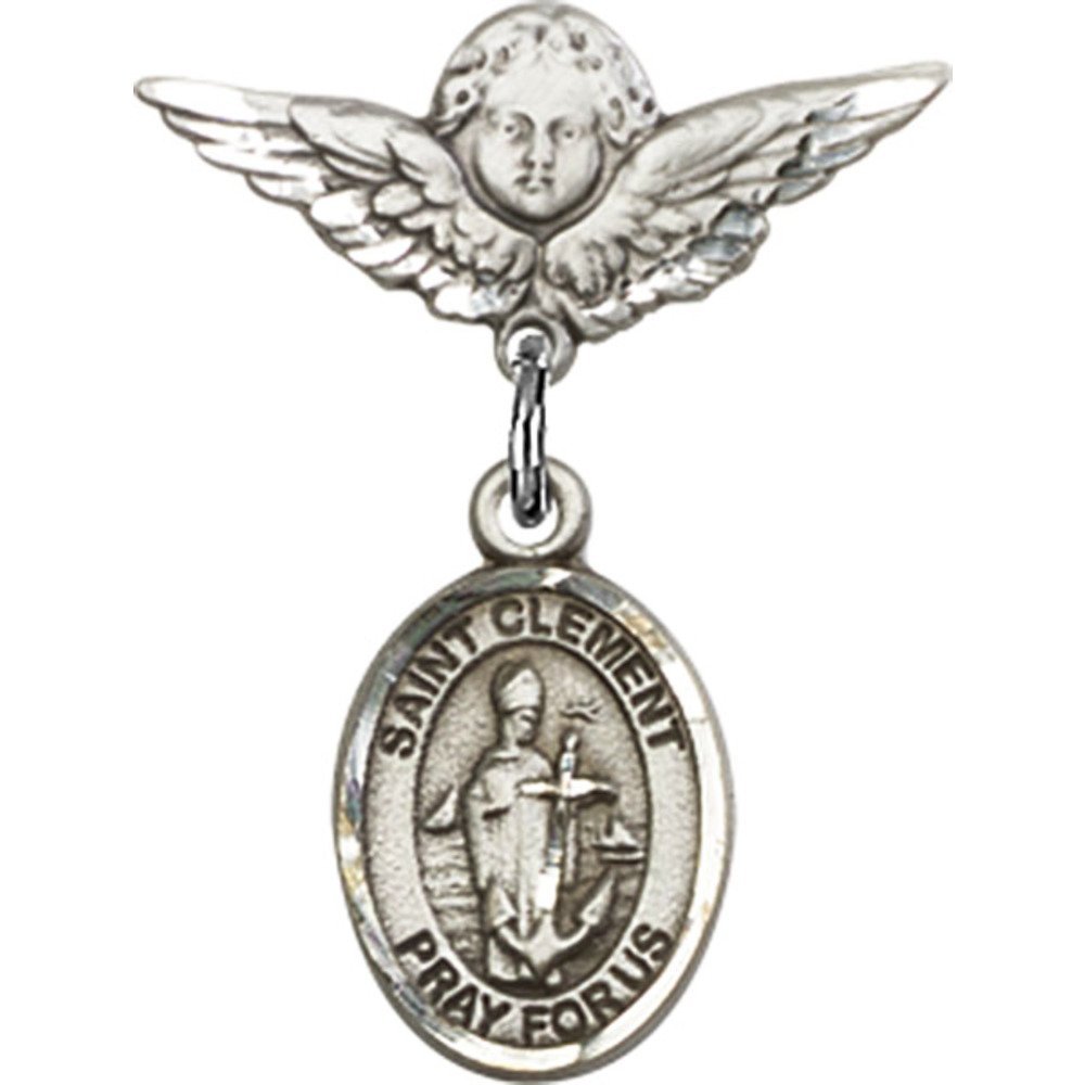 St. Clement Sterling Silver Baby Badge with Angel Wing Charm - 7/8 X 3/4 Inch Religious Pin for Christening, Baptism & First Communion Gifts