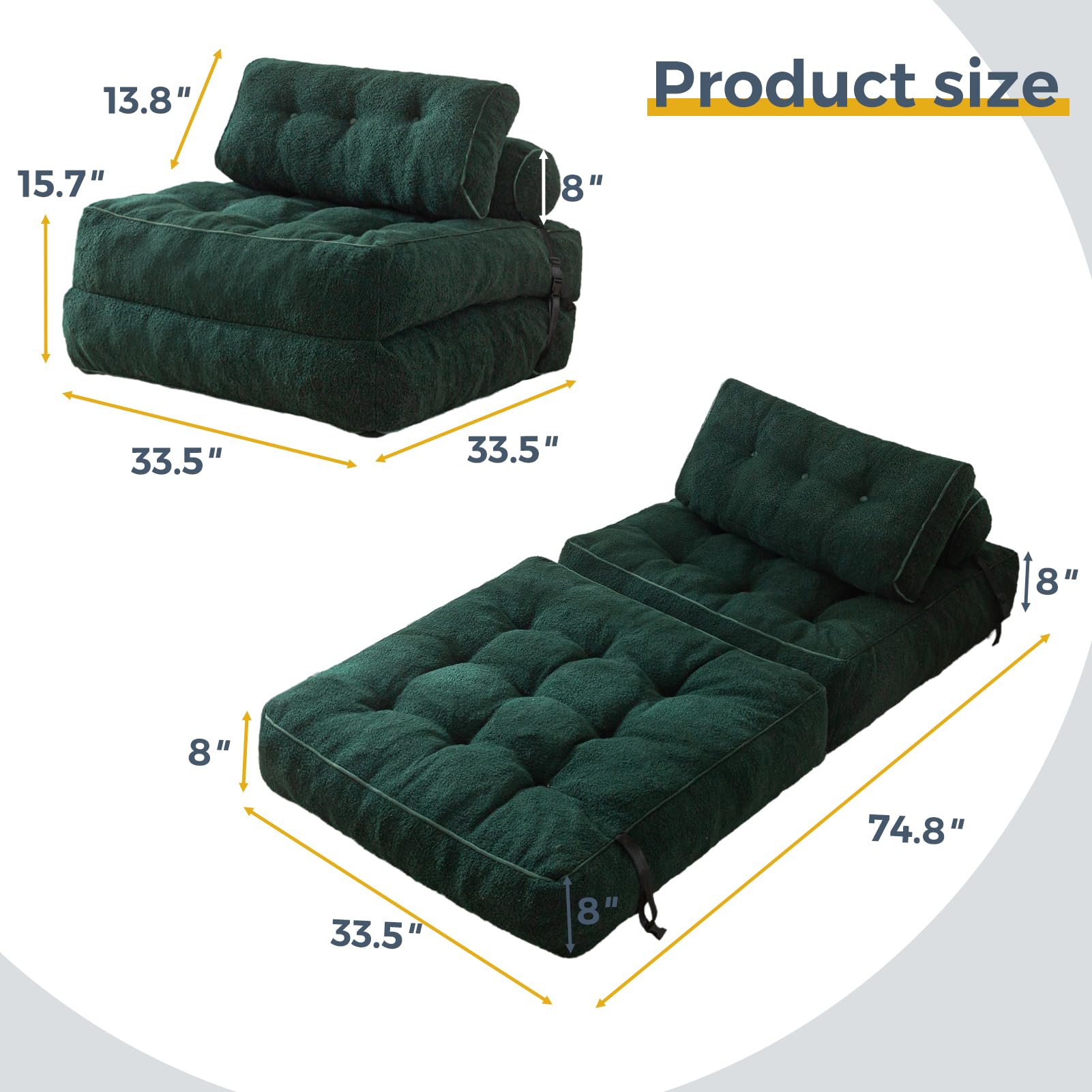 MAXYOYO Fuzzy Folding Sofa Bed - Convertible Sleeper Chair with Pillow & Foldable Mattress - Back Support for Comfort - Green Futon for Small Spaces - Perfect for Guest Room, Dorm, Apartment & Office Use