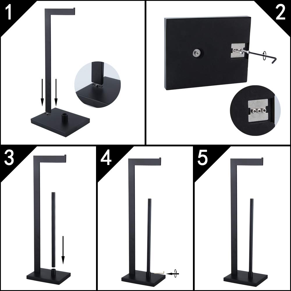 Premium GERZWY SUS 304 Stainless Steel Free Standing Toilet Paper Holder - Matte Black Bathroom Tissue Stand with Reserve Storage | Durable Lavatory Pedestal for Home, Office & Guest Bathroom Decor