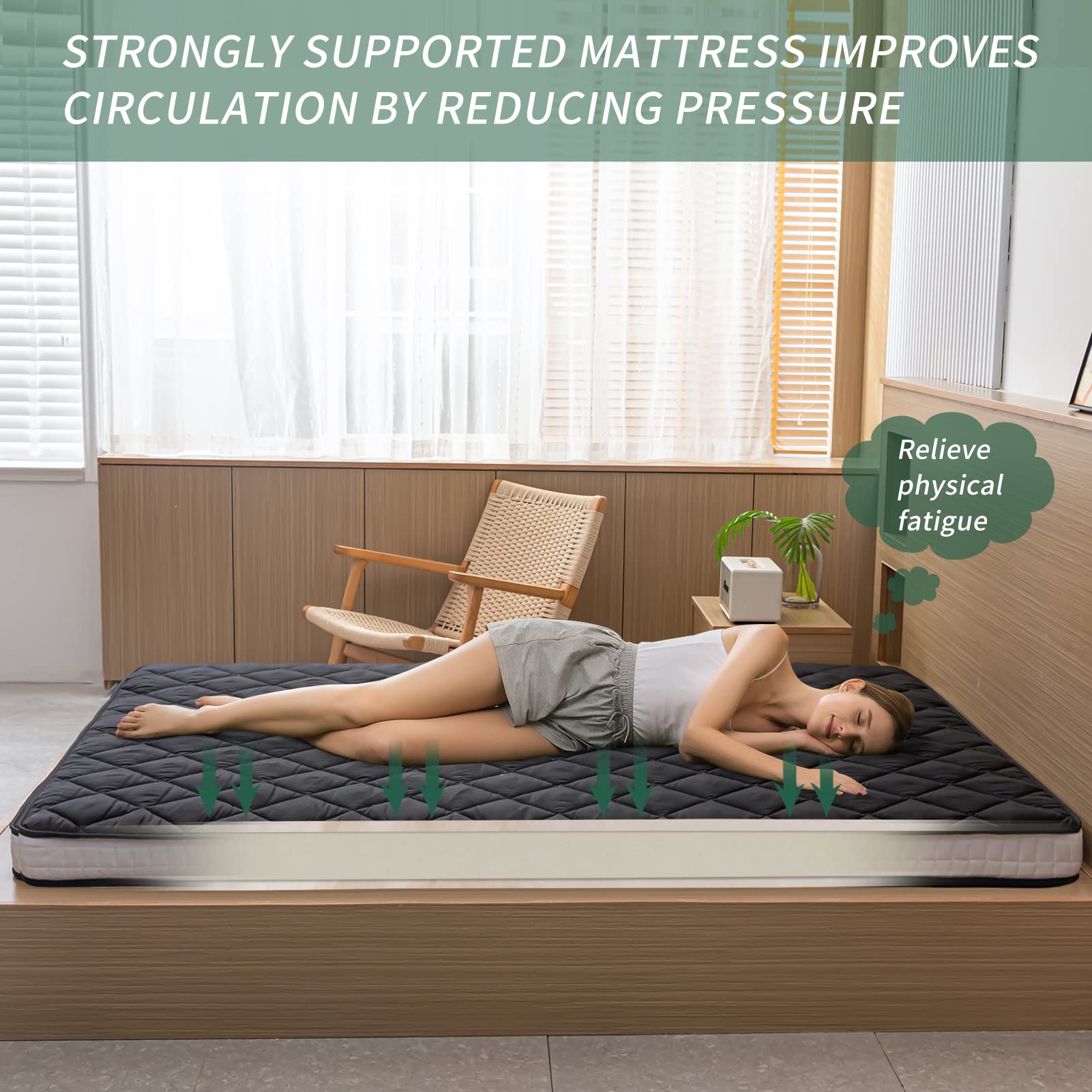 MAXYOYO Japanese Floor Futon Mattress - Queen Size Foldable Floor Bed for Adults, Diamond Pattern Roll-Up Mattress - Perfect for Guest Rooms, Small Spaces & Minimalist Living (Black)