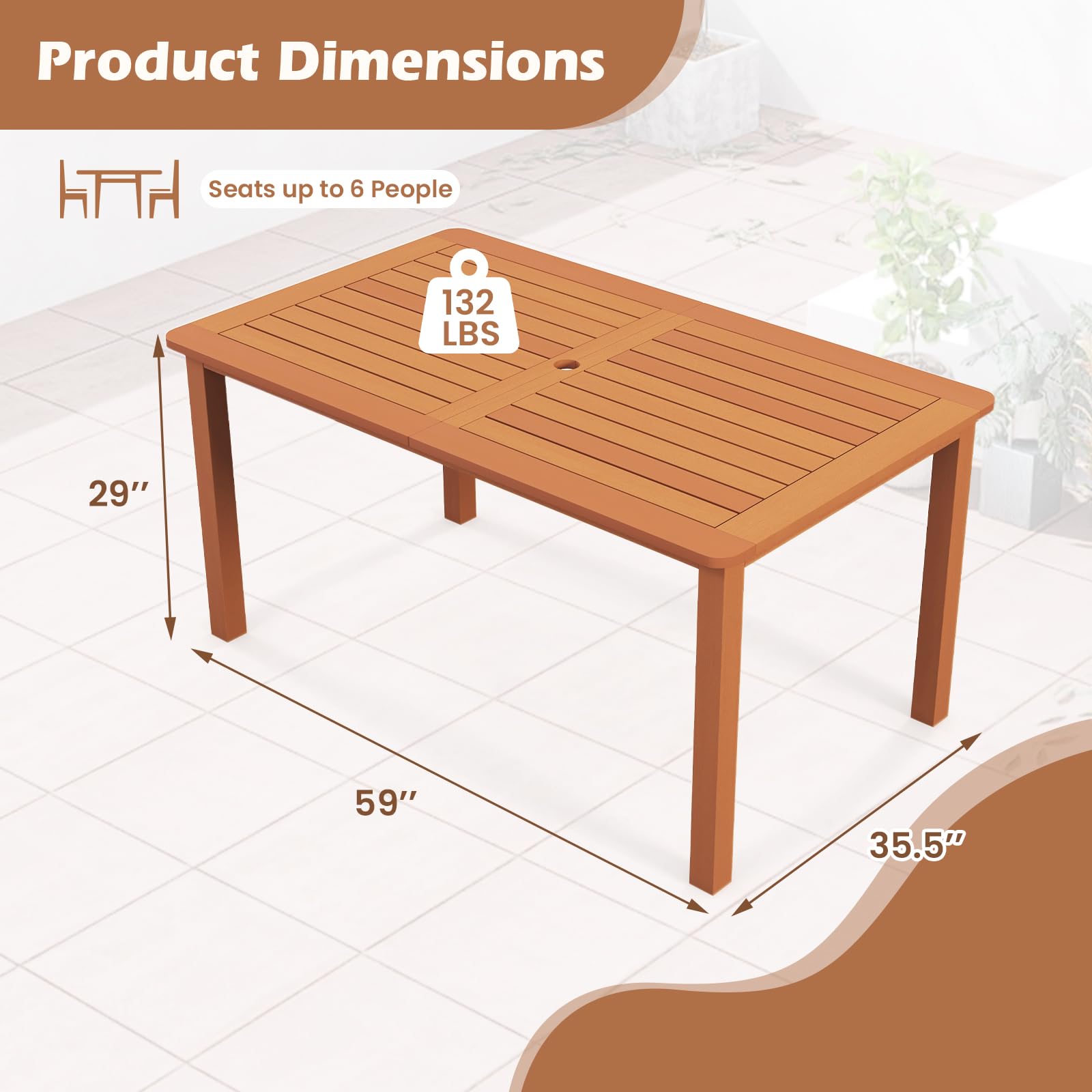 **Tangkula 6-Person Outdoor Dining Table with Umbrella Hole - Solid Wood Patio Table with Teak Oil Finish, Rectangle Garden Table for Yard, Porch, Deck & Indoor Use - Perfect for BBQs, Family Gatherings & Outdoor Entertaining**