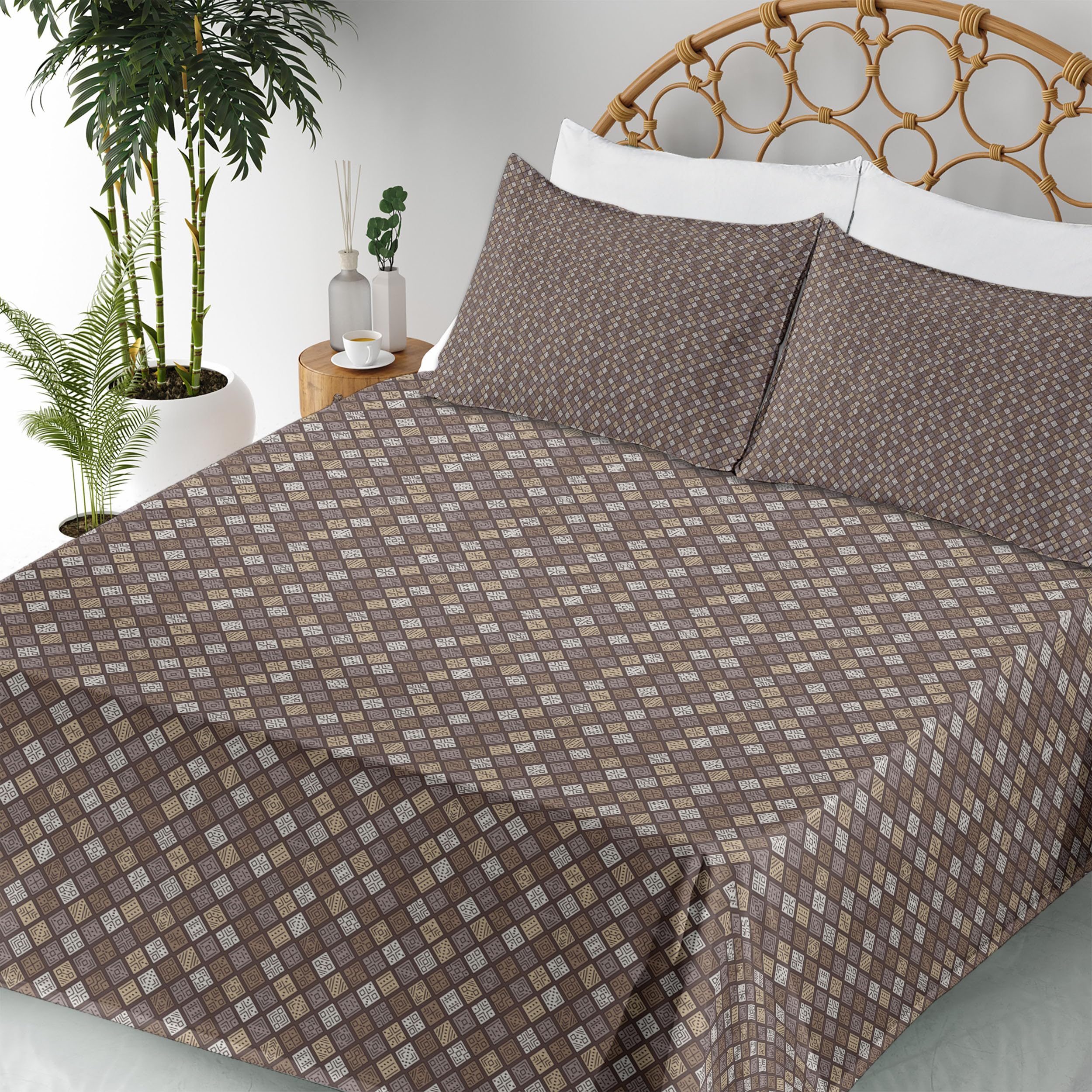Ambesonne Abstract Diamond Geometric Pattern 4-Piece Sheet Set - King Size, Dark Taupe Tan & Cocoa - Fitted Sheet, Flat Sheet & 2 Pillowcases - Modern Bedroom Decor for Contemporary Homes