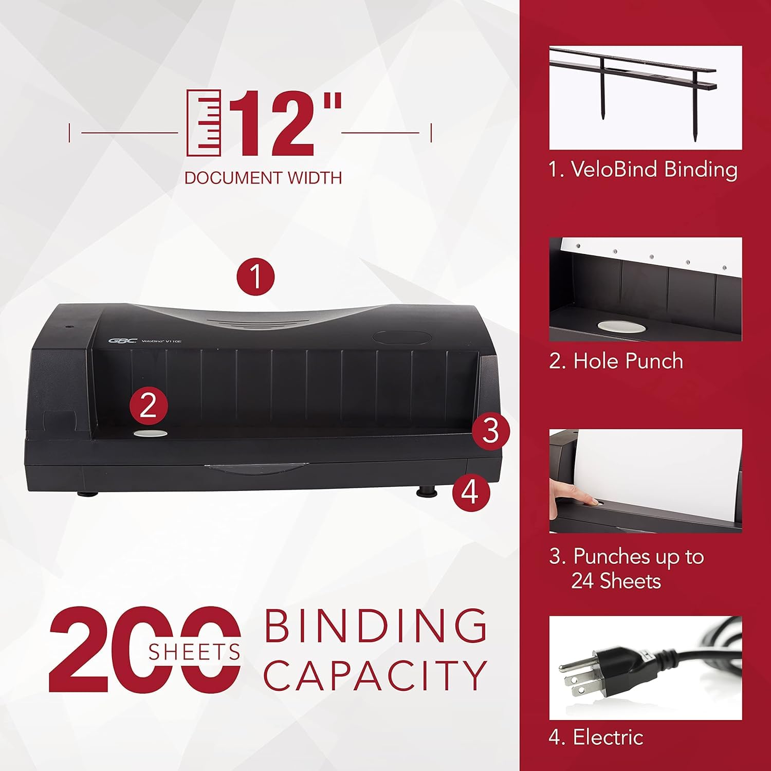 GBC VeloBind V110E Manual Binding Machine - 200 Sheet Capacity, Electric Punch for 24 Sheets (7704260) | Perfect for Office Documents, Presentations & Reports