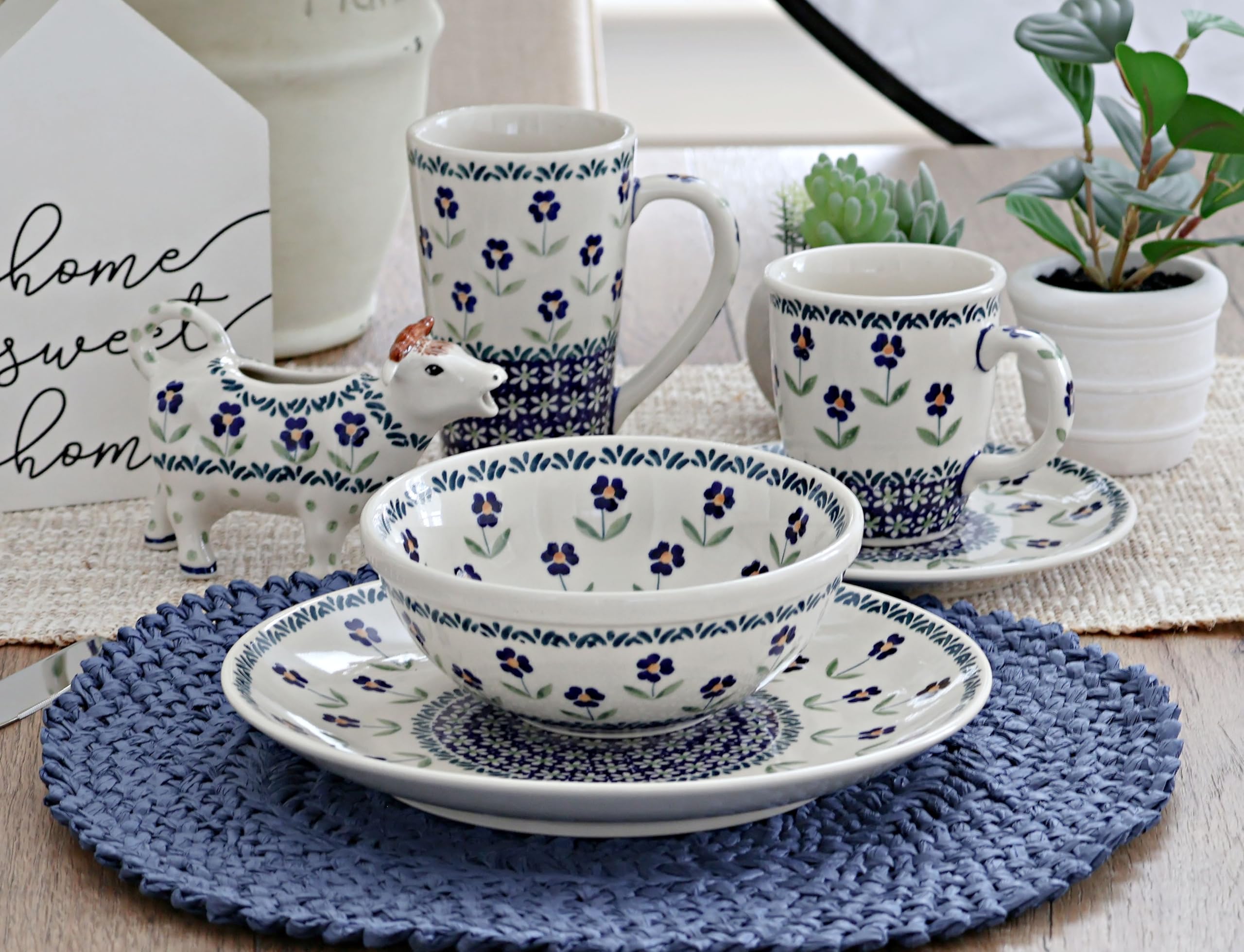 Handmade Blue Rose Polish Pottery Coffee Mug - Blue Daisy Design Ceramic Cup for Tea & Coffee - Perfect for Home, Office & Gifts