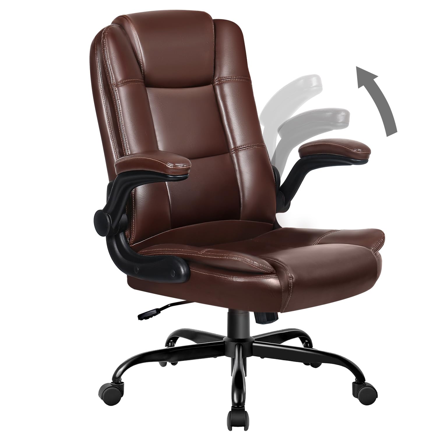 Premium Brown Leather Office Chair - Adjustable Ergonomic High Back Desk Chair with Flip-Up Armrests & Lumbar Support for Home Office, Gaming & Executive Workspaces