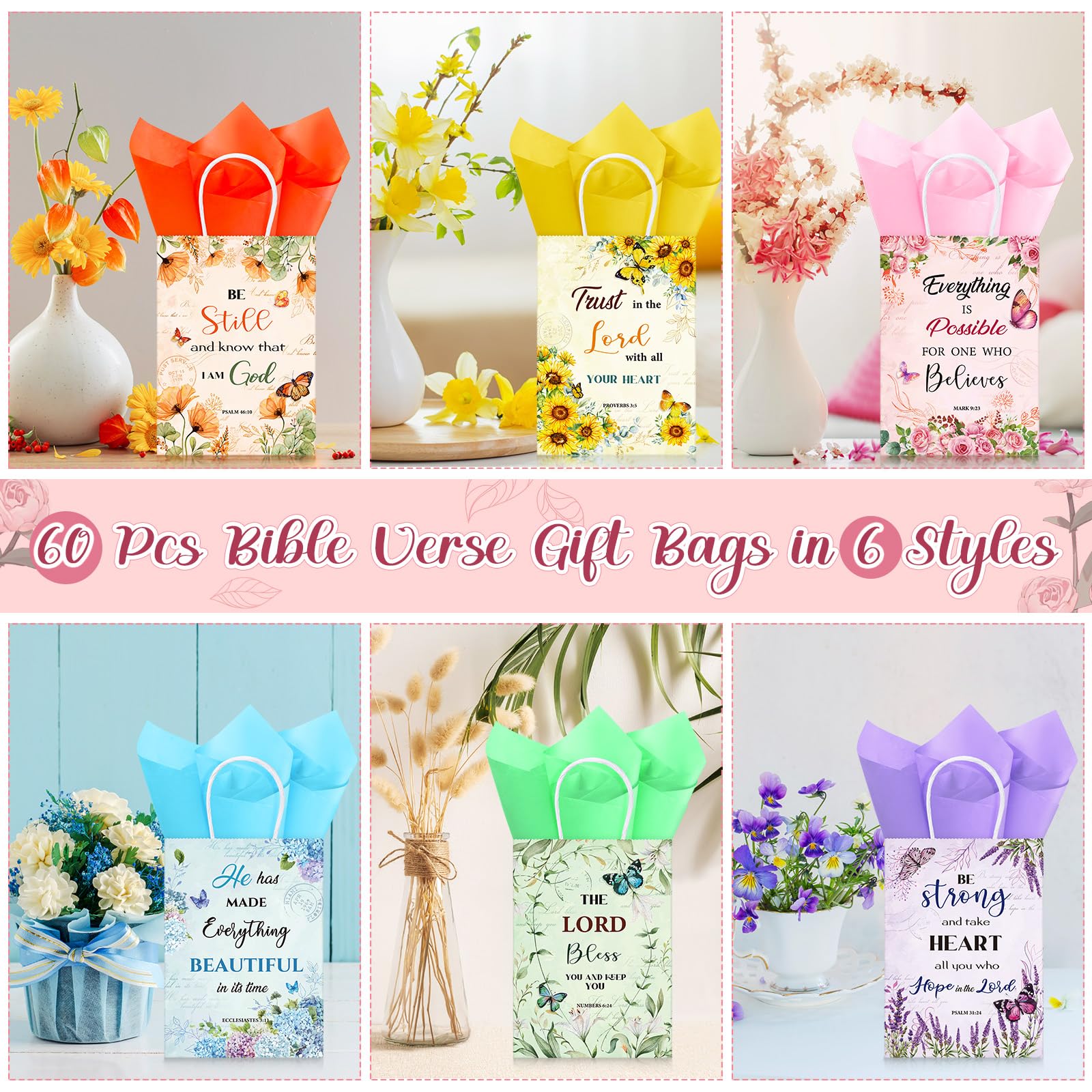 Pasimy 120 Pcs Christian Gift Bags Set - 60 Religious Butterfly Party Favor Bags & 60 Colorful Tissue Paper Gift Bags with Bible Verses for Birthday Parties, Church Events, Sunday School, Baptism, Easter & Christmas Celebrations