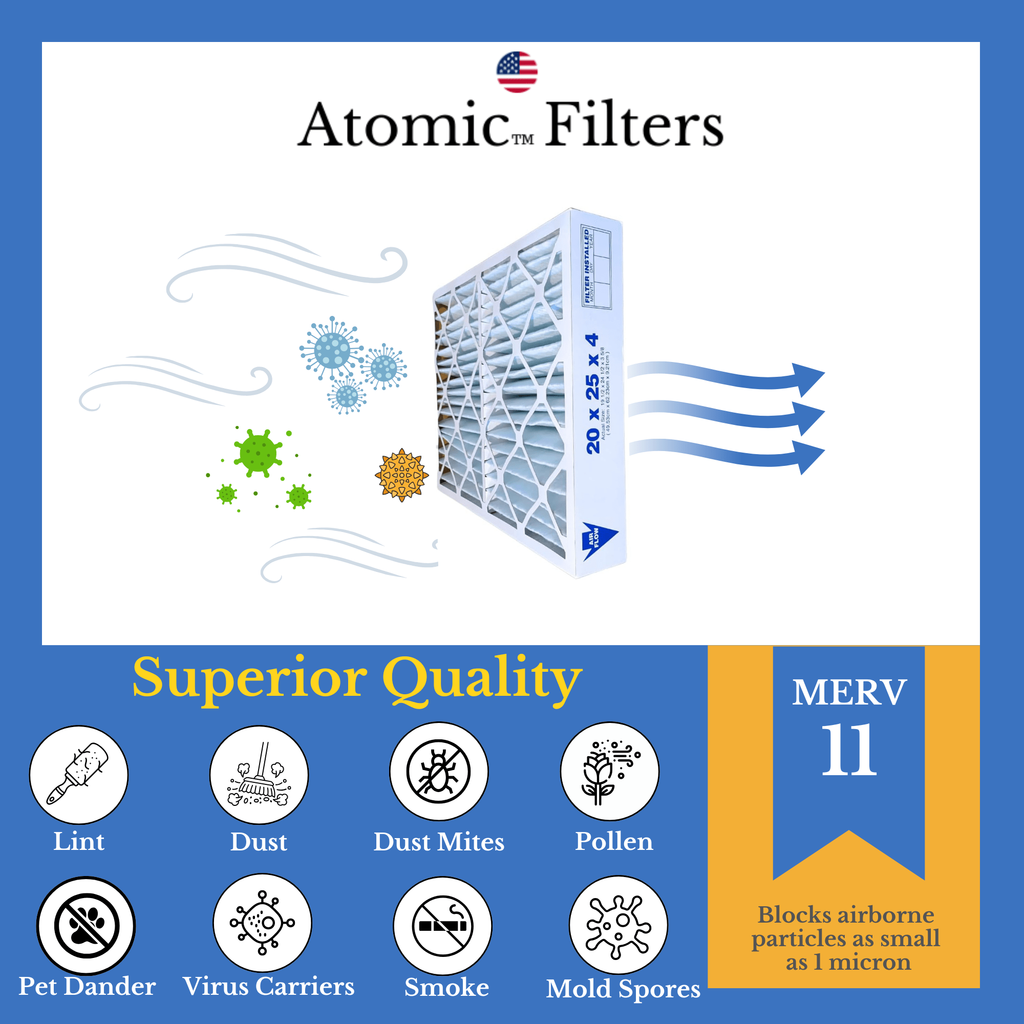20x25x4 MERV 11 Air Filters - 3 Pack | Compatible with TopTech TT FM 2025, TTFM2025, TT FM 2025QB, Carrier TechPure TT MAC 2522 & TT MAC 2025 | Perfect for Home HVAC Systems, Furnaces & Air Purifiers