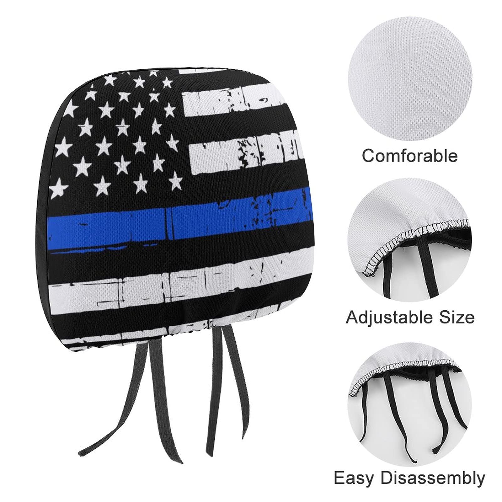 Bagea-Ka 2 Pack Universal Car Headrest Covers - American Blue Line USA Police Stars Flag Pattern, Seat Protector for Most Car & Truck Models - Durable & Stylish for Men & Women | Perfect for Road Trips, Daily Commute & Vehicle Protection