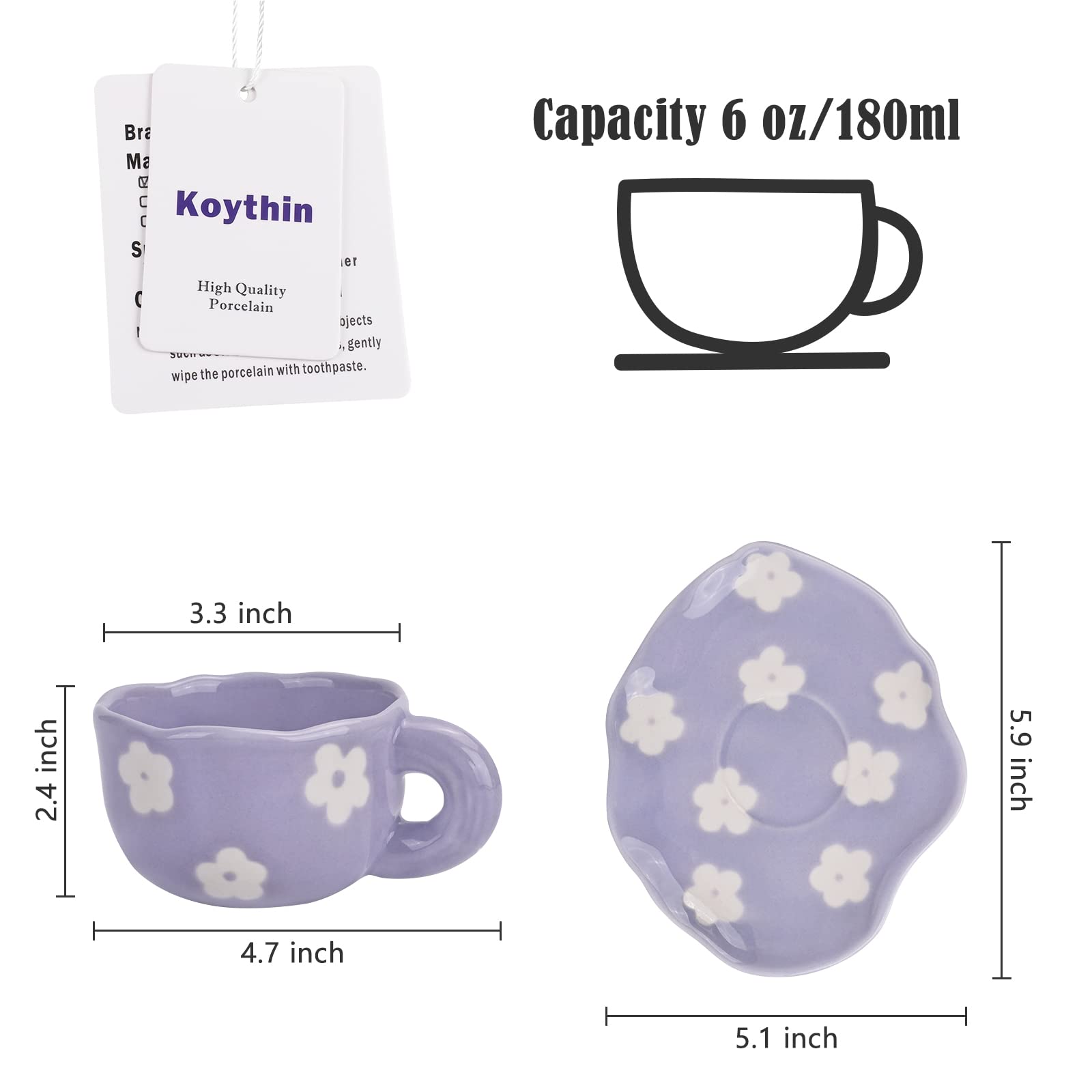 Koythin Ceramic Coffee Mug with Saucer Set - 6 oz (180ml) Cute Irregular Design for Latte, Tea & Milk - Perfect for Office & Home Use (Purple Flower) | Great for Morning Coffee, Afternoon Tea or Gift Giving