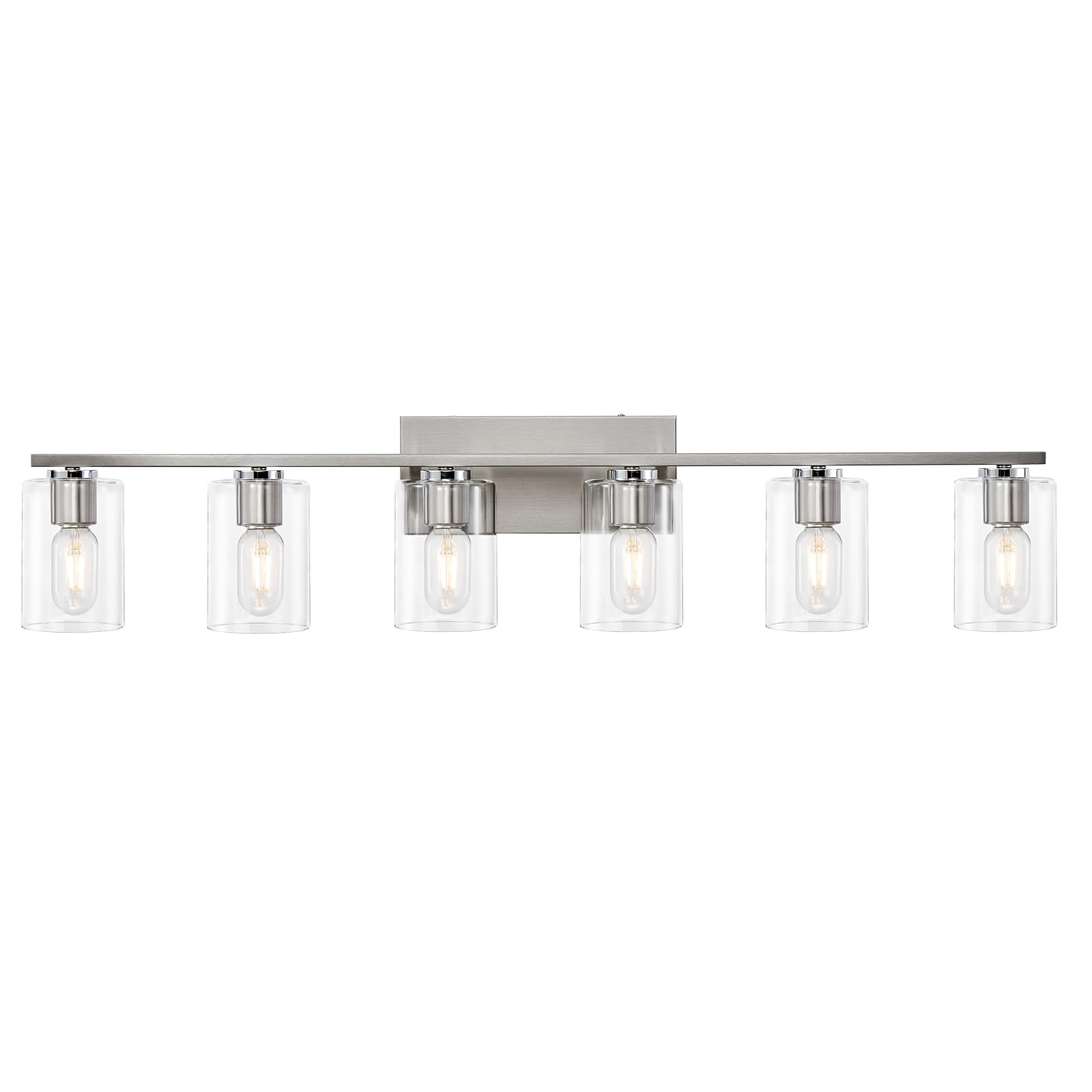 6-Light Brushed Nickel Bathroom Vanity Lighting Fixture with Clear Glass Shade - Modern Mirror Lights for Bathroom, Powder Room & Dressing Area - Perfect for Makeup, Shaving & Grooming