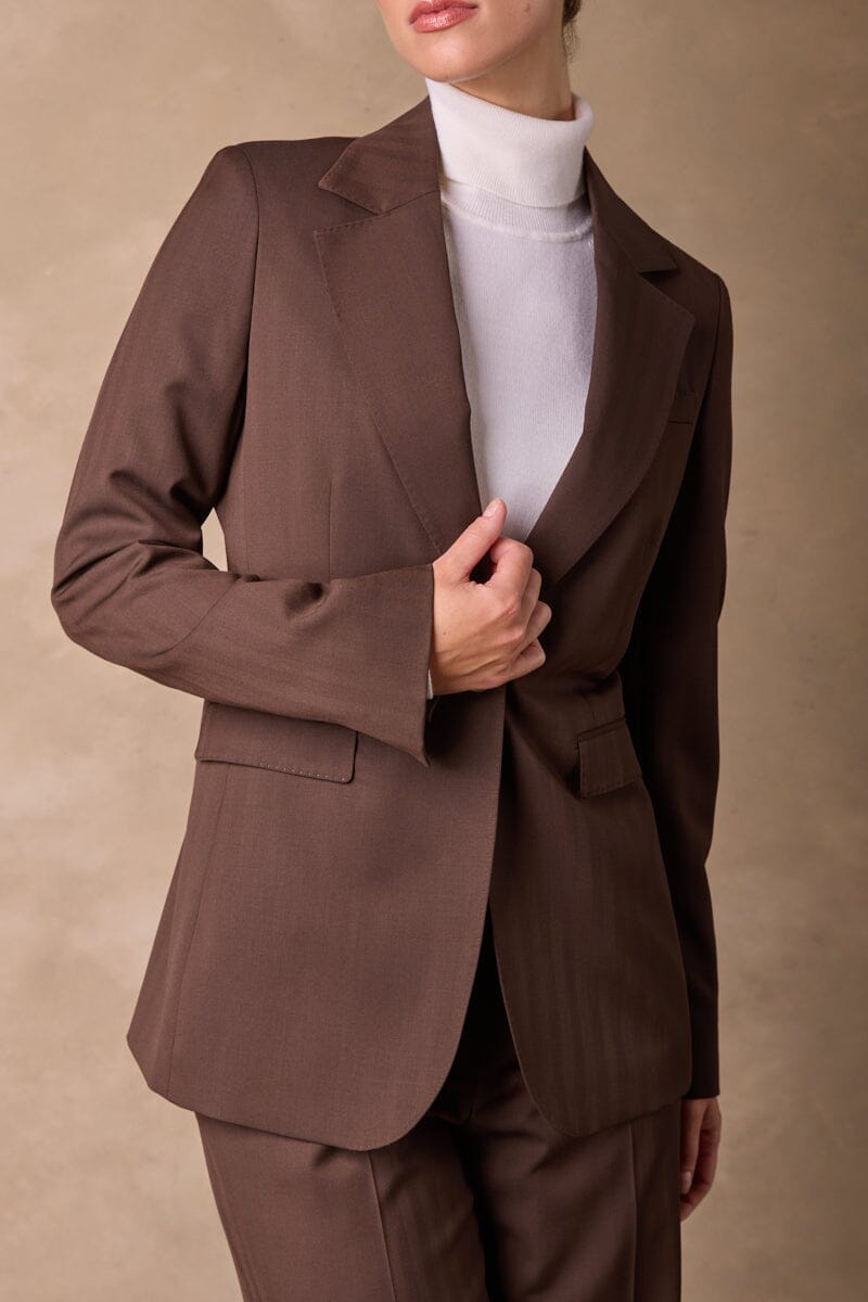Lily Long Line Blazer & Laura Suit Set in Chocolate Herringbone Pattern - Perfect for Office Wear, Business Meetings, and Professional Women's Fashion