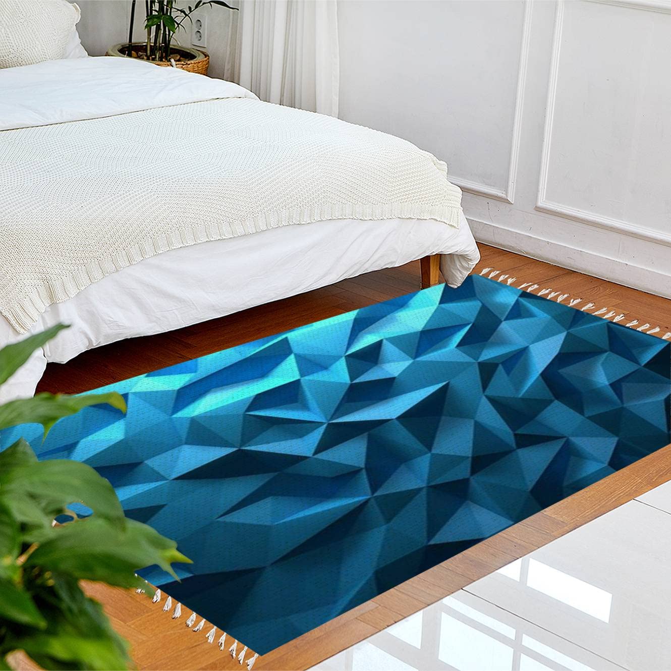 Boho Blue Triangle Geometric Crystal Area Rug - Linen Carpet for Patio, Hallway Runner, Living Room, Bedroom & Outdoor Decor | Minimalist Home Design for Boho Chic & Modern Spaces