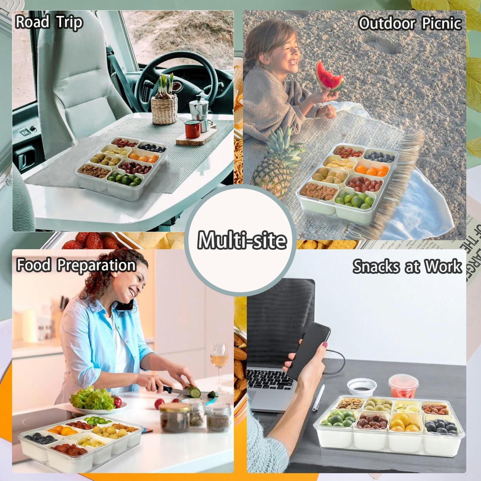 Portable Divided Snackle Box Container with Lid & Handle - 3-Compartment Serving Tray for Fruits, Candy, Treats | Perfect for Picnics, Parties, Road Trips & Office Snacks