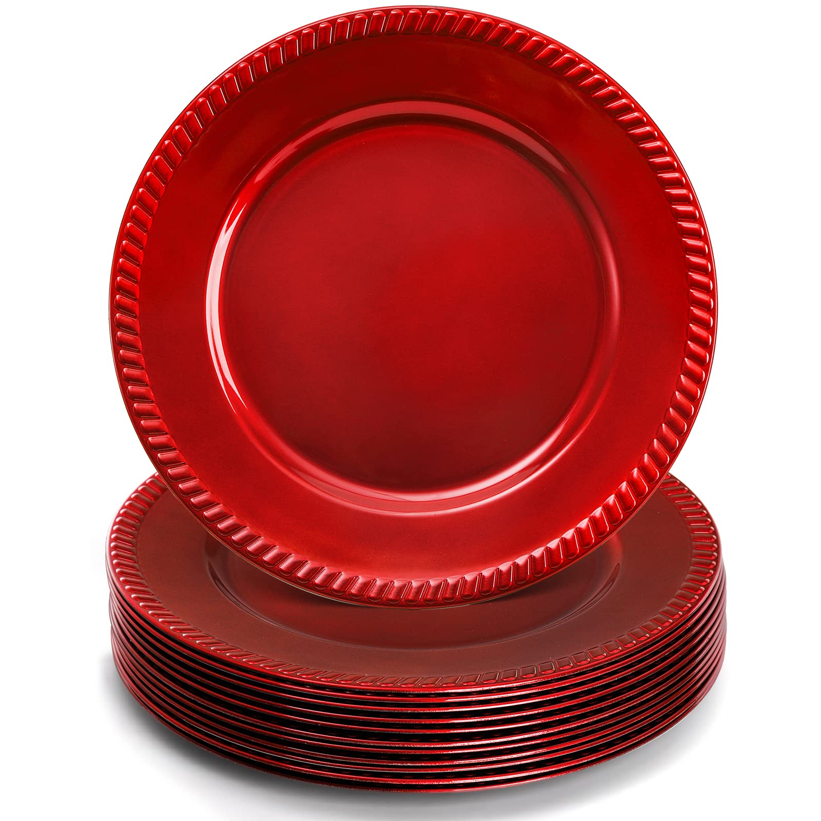 12 Pack Red Plastic Beaded Rim Charger Plates - 13 Inch Round Dinner Plates for Wedding, Party & Holiday Table Decor - Elegant Place Settings for Formal Dining & Special Occasions