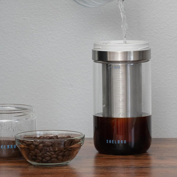 Shelbru Cold Brew Coffee Maker System - Iced Coffee Maker with Glass Carafe & Stainless Steel Filter - Perfect for Home, Office & Outdoor Use