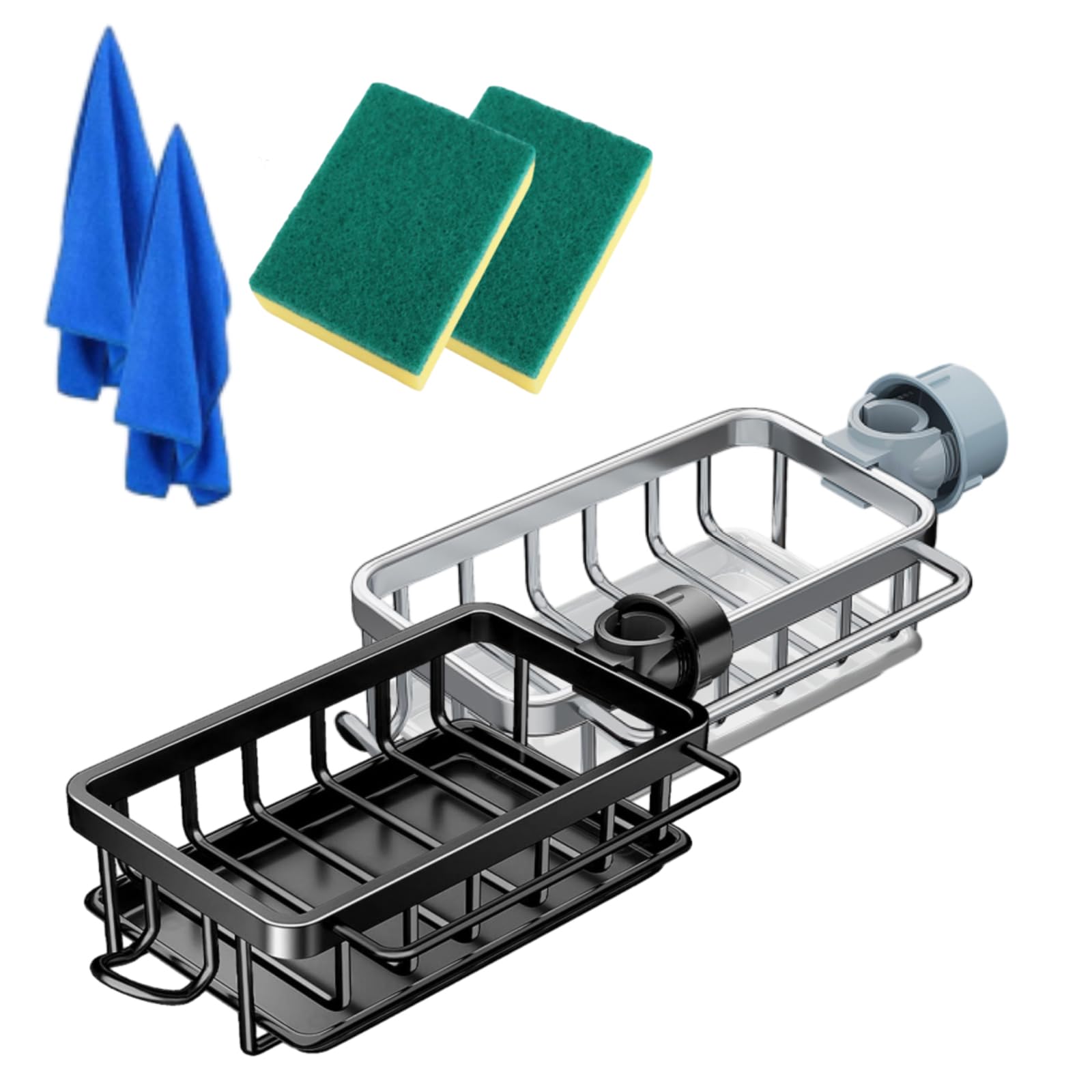 2024 Upgraded Kitchen Sink Faucet Organizer & Sponge Holder with Drip Tray - Silver & Black Sink Caddy for Counter Storage | Perfect for Kitchen Organization & Dishwashing Efficiency