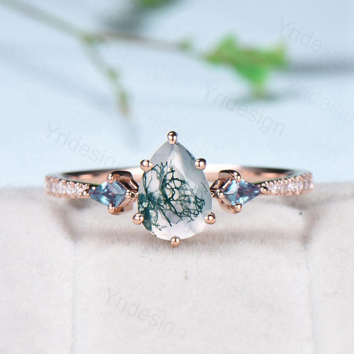 1.25 Carat Pear Shaped Natural Green Moss Agate Engagement Ring Set in Vintage 14k Rose Gold with Milgrain Detailing - Elegant Kite Agate Bridal Ring Set for Women - Perfect for Proposals, Weddings & Anniversary Gifts