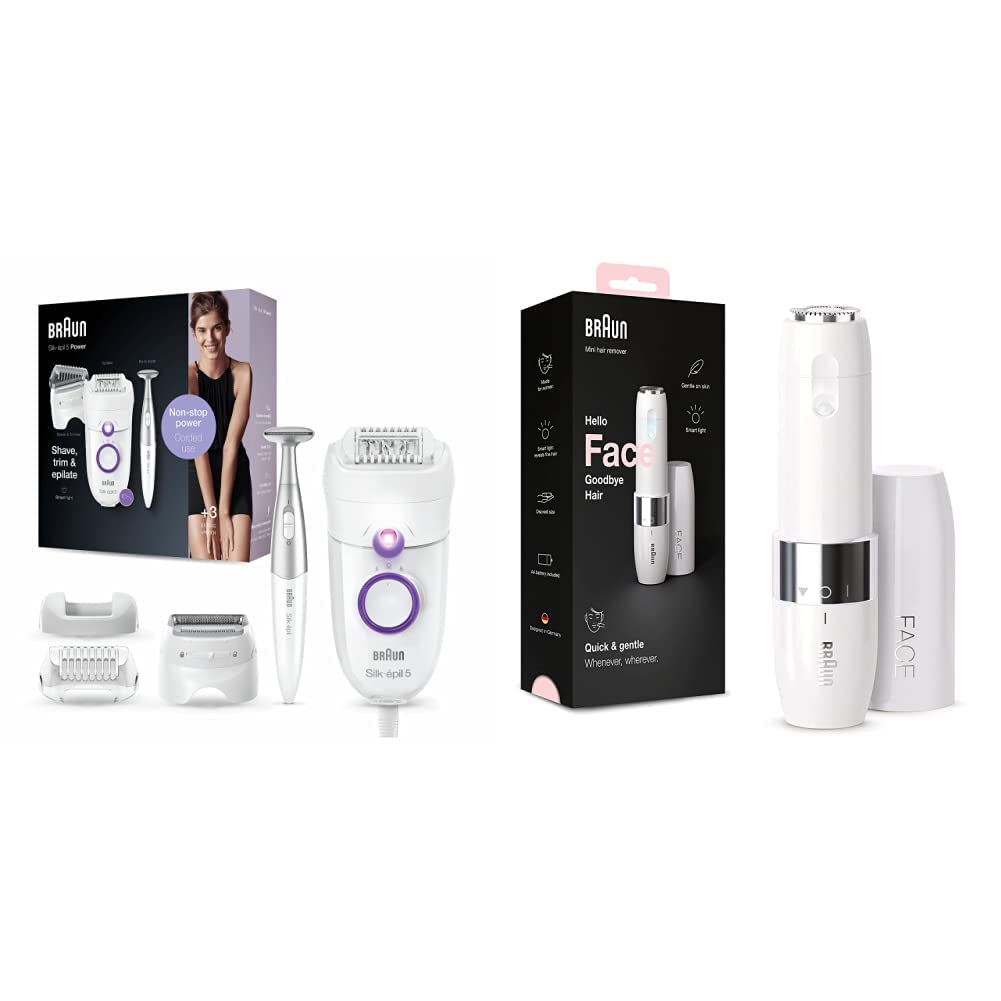 Braun Silk-épil 5 Power Epilator for Women - Electric Hair Removal Device with Shaver Head & Bikini Trimmer - Includes Mini Facial Hair Remover - Portable White/Purple Design - Perfect for Travel, Home Use & Smooth Skin Care