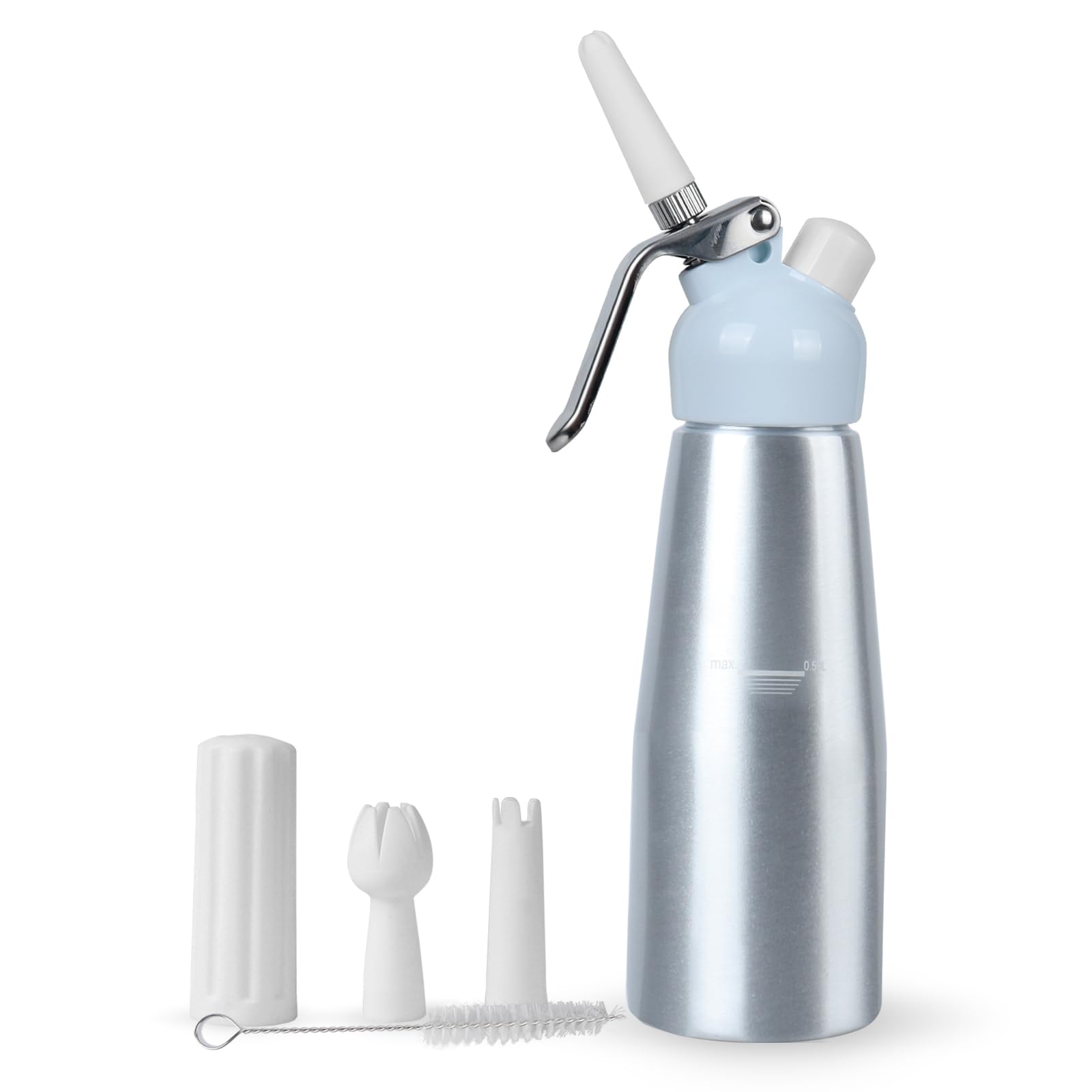 Premium Aluminum Whipped Cream Dispenser - 500ml (1 Pint) Professional Cream Charger with 3 Decorating Nozzles & Cleaning Brush - Ideal for Home Baking, Coffee Shops & Dessert Decorating