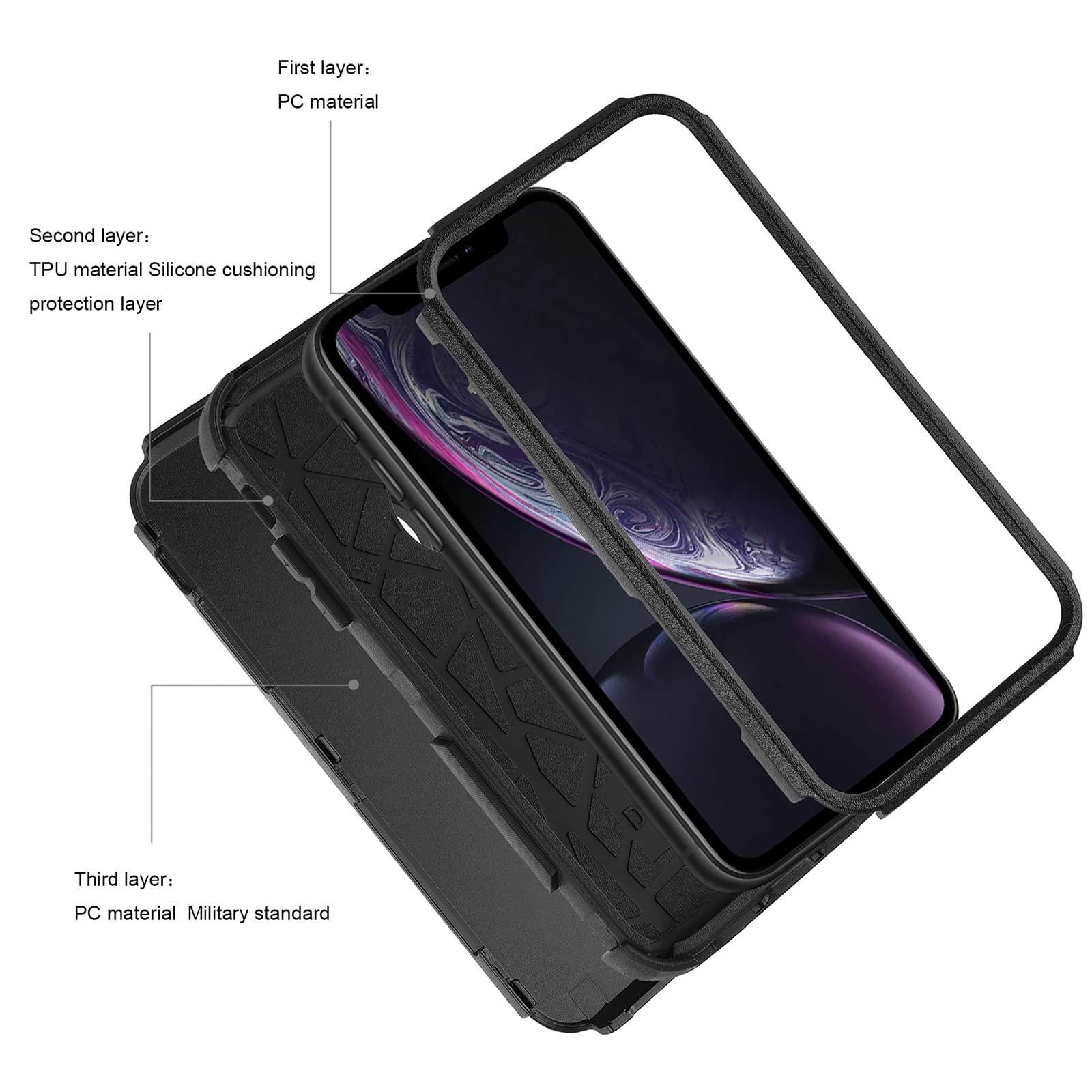 Shockproof iPhone XR Case - Heavy Duty 3-Layer Protective Cover for Apple iPhone XR 6.1 Inch | Durable Bumper Design | Perfect for Outdoor, Travel & Daily Use (Black)